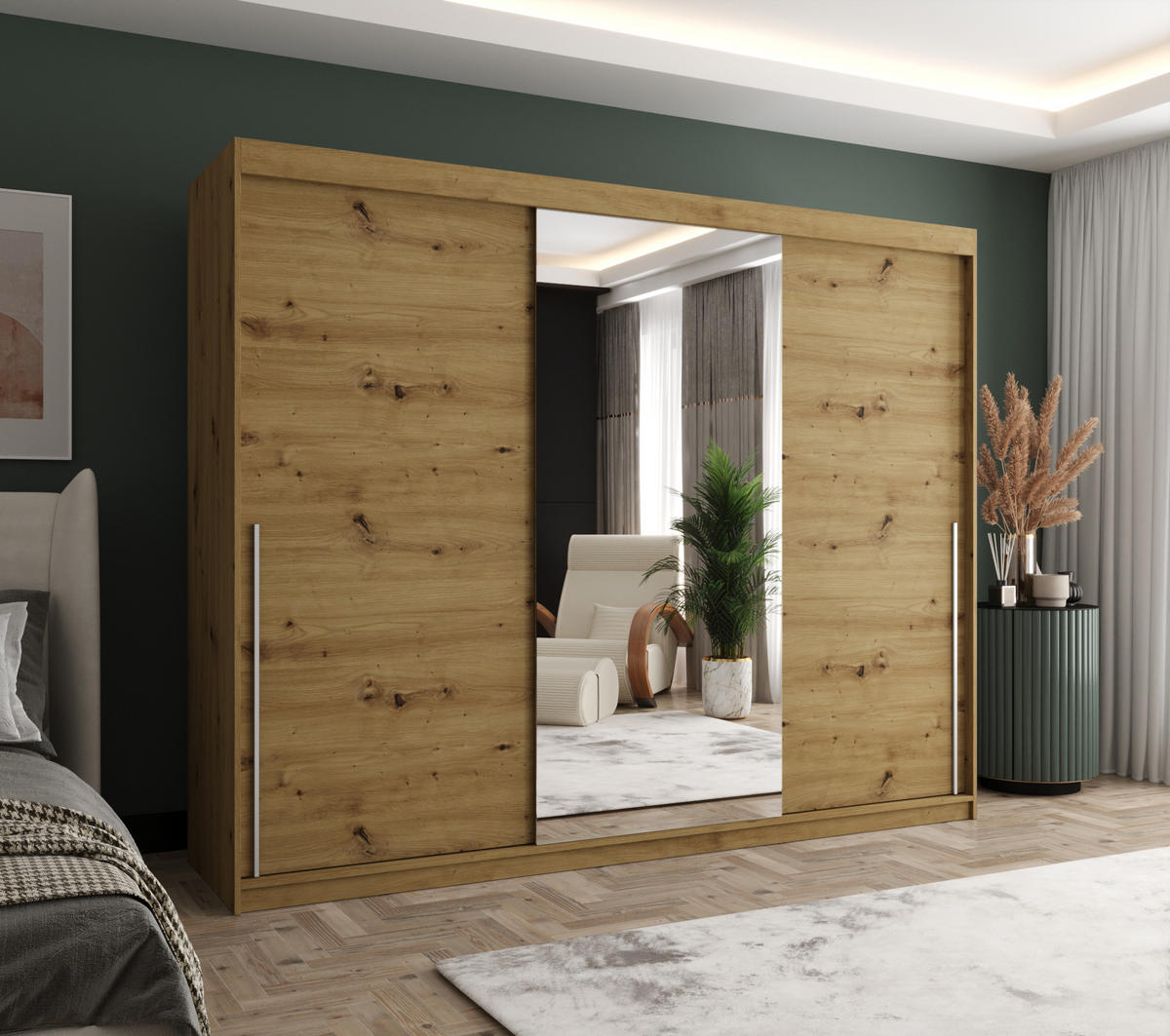 SCHIEBETÜRENSCHRANK mit Spiegel 250 cm Breite Artisan mit silbernem Griff - Silberfarben/Eiche Artisan, Holzwerkstoff (250/200/62cm) - Home Collective