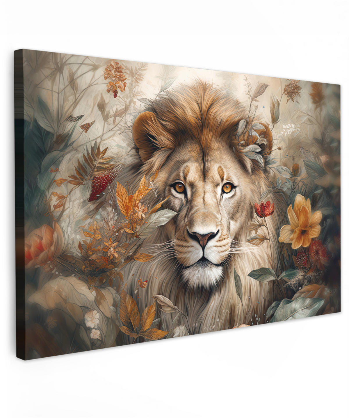 LEINWANDBILD Löwe - Wildtiere - Pflanzen - Natur - Blumen Groß 140x90 cm - Beige, Textil (140/90cm) - MuchoWow