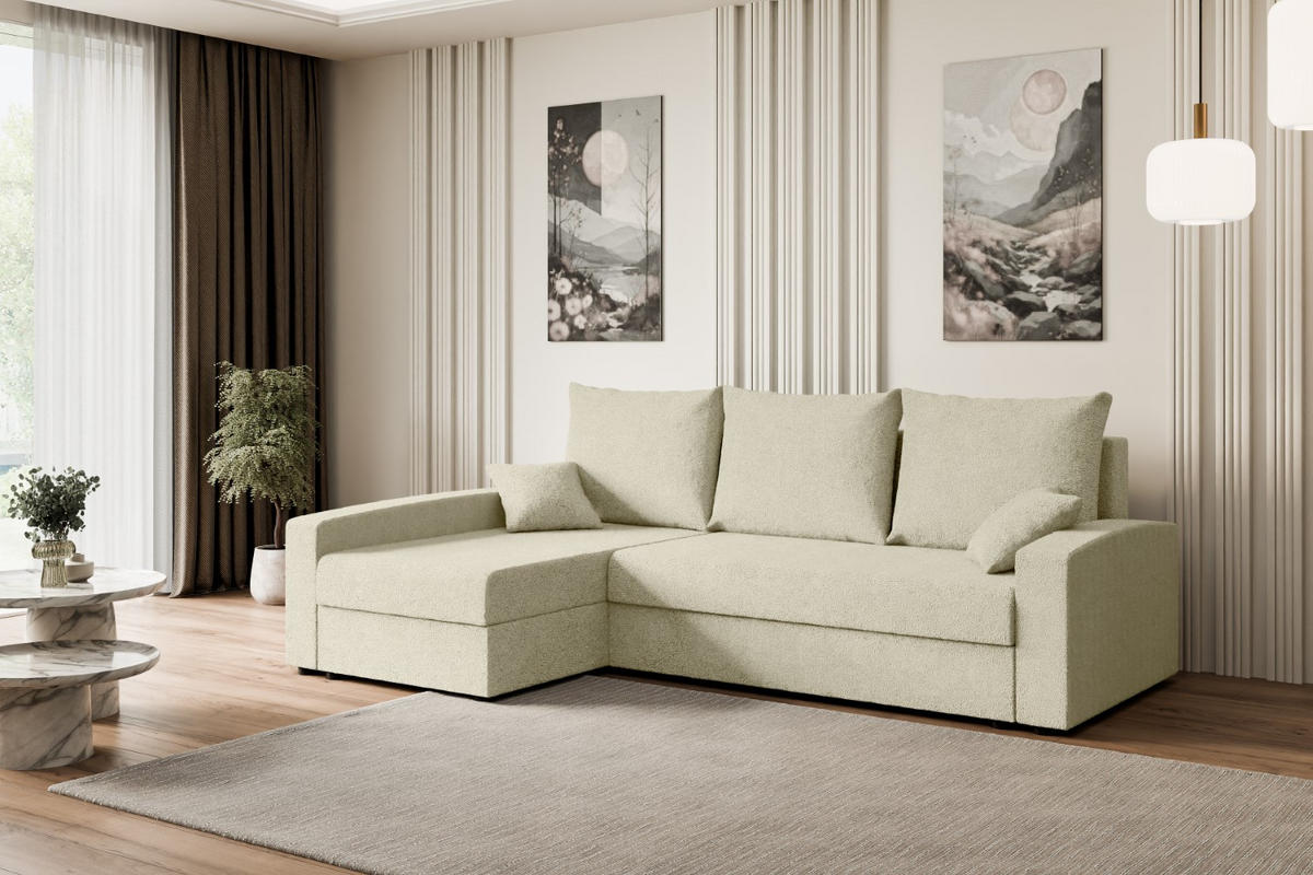 ECKSOFA mit Schlaffunktion und Bettkasten ALESIA-L 231x140x90 cm Beige Bouclé - Beige/Silberfarben, Holzwerkstoff/Kunststoff (231/140cm) - ALTDECOR