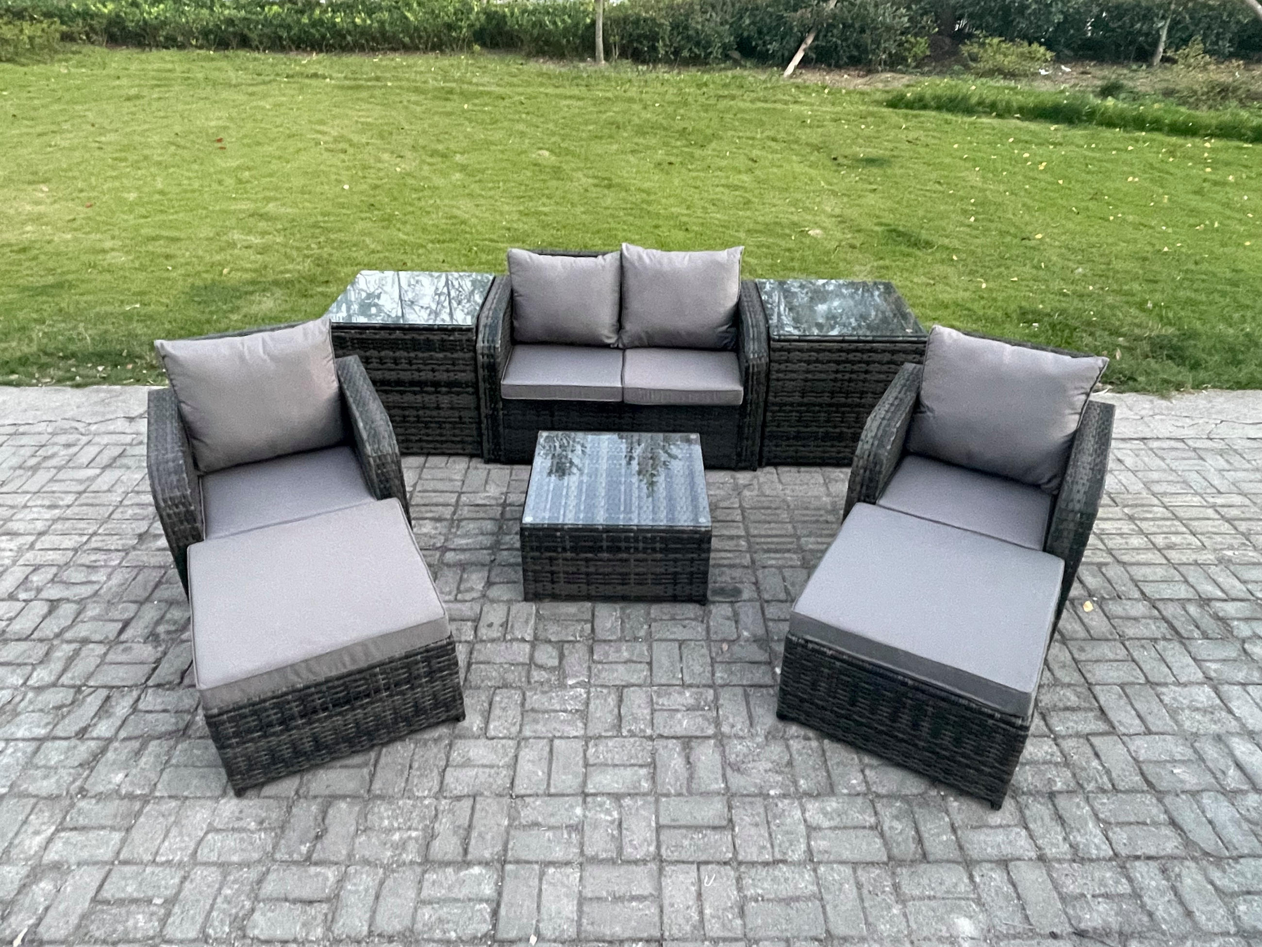 LOUNGESOFA-SET Polyrattan Dunkelgrau 6-Sitzer - Dunkelgrau, Metall - Fimous