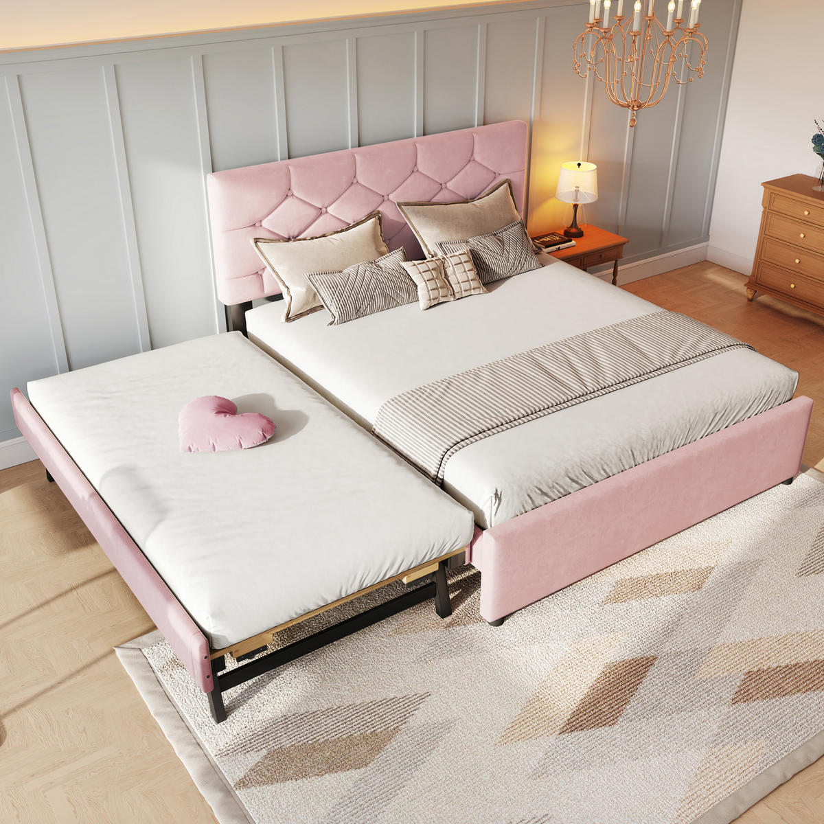 POLSTERBETT 140/200 cm rosa mit Rollcontainer aus Samt - Rosa, Textil (140/200cm) - OKWISH