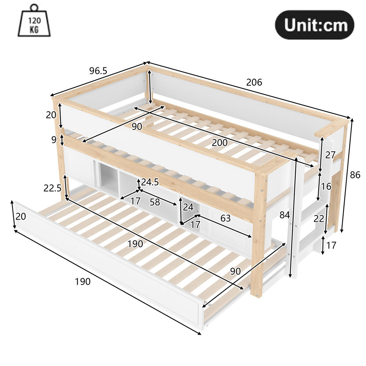 HALBHOHES BETT 90x200cm Weiß + Natur Ausziehbett Kinderbett Ablagefächer - Multicolor, Holz (90/200cm) - FLIEKS