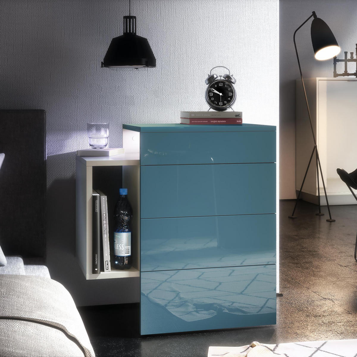 NACHTTISCH Queens Front in Petrol Hochglanz - Petrol, Holzwerkstoff (60/63/36cm) - Vladon