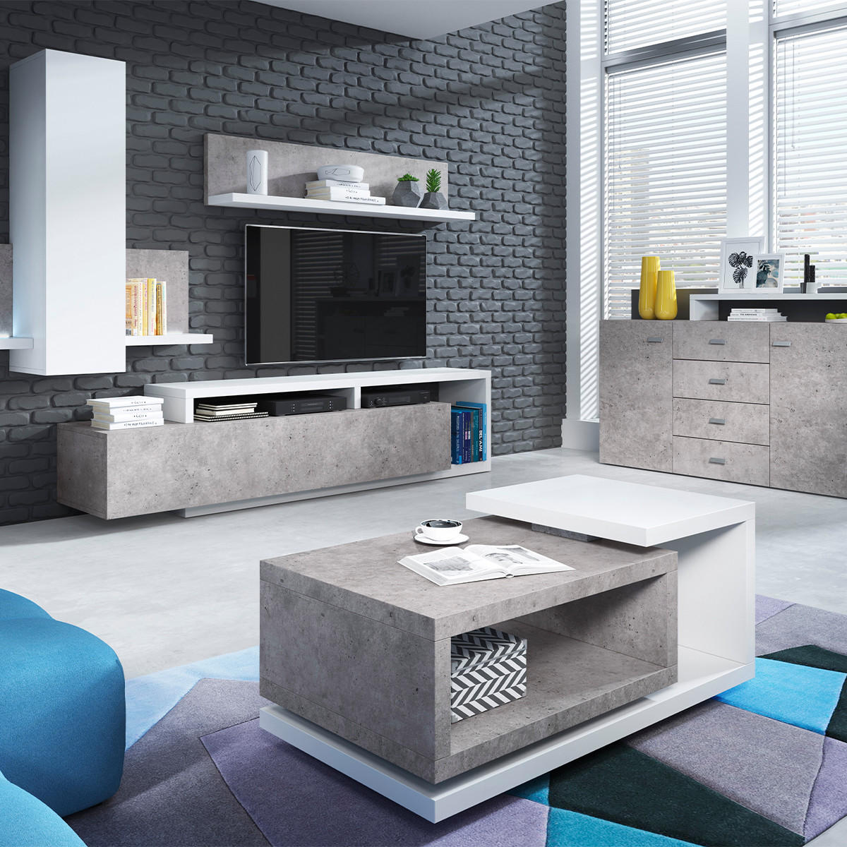 COUCHTISCH Ilyes Weiß und Beton - Weiß, Holzwerkstoff (40/120/60cm) - Petits-meubles