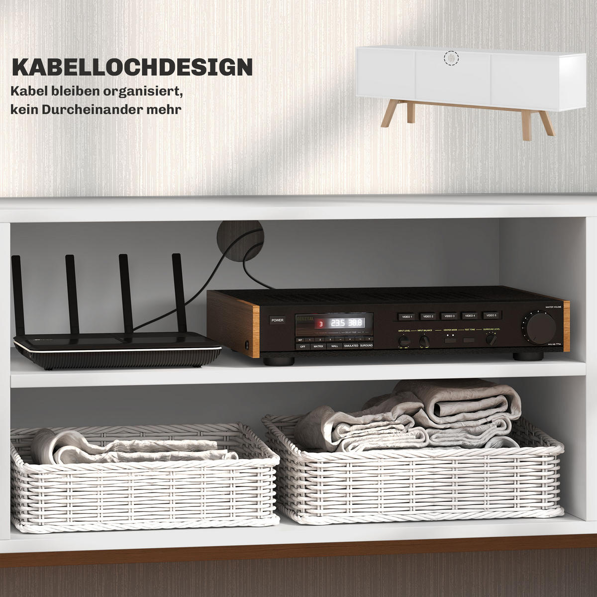 TV-SCHRANK, Fernsehtisch für Fernseher bis zu 65 Zoll, 150 x 39 x 50 cm Weiß - Weiß, Holzwerkstoff (150/50/39cm) - HOMCOM