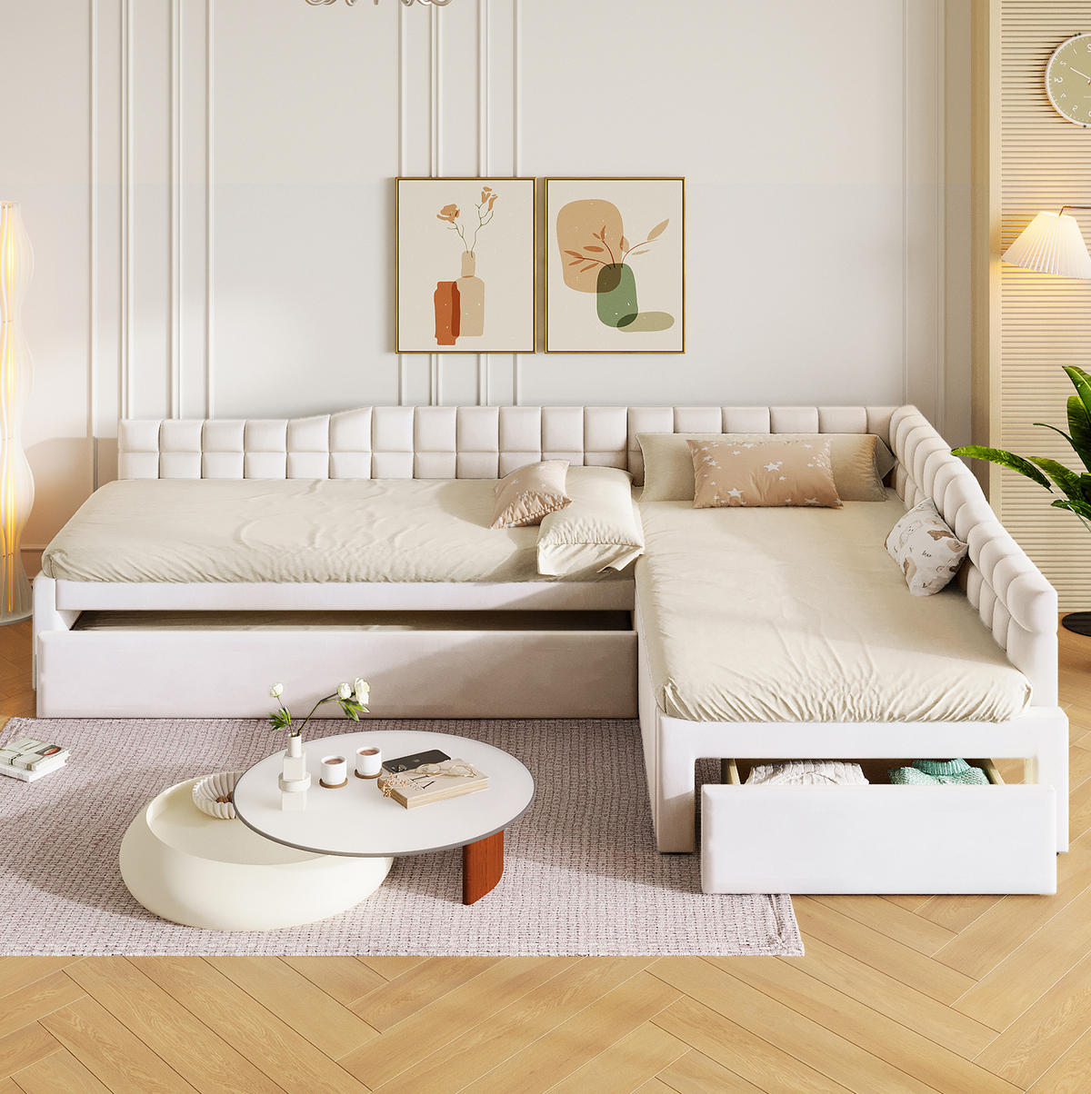 BETT 90/200 cm in Beige mit Schubladen und Samtbezug - Beige, Textil (90/200cm) - Flora Grace