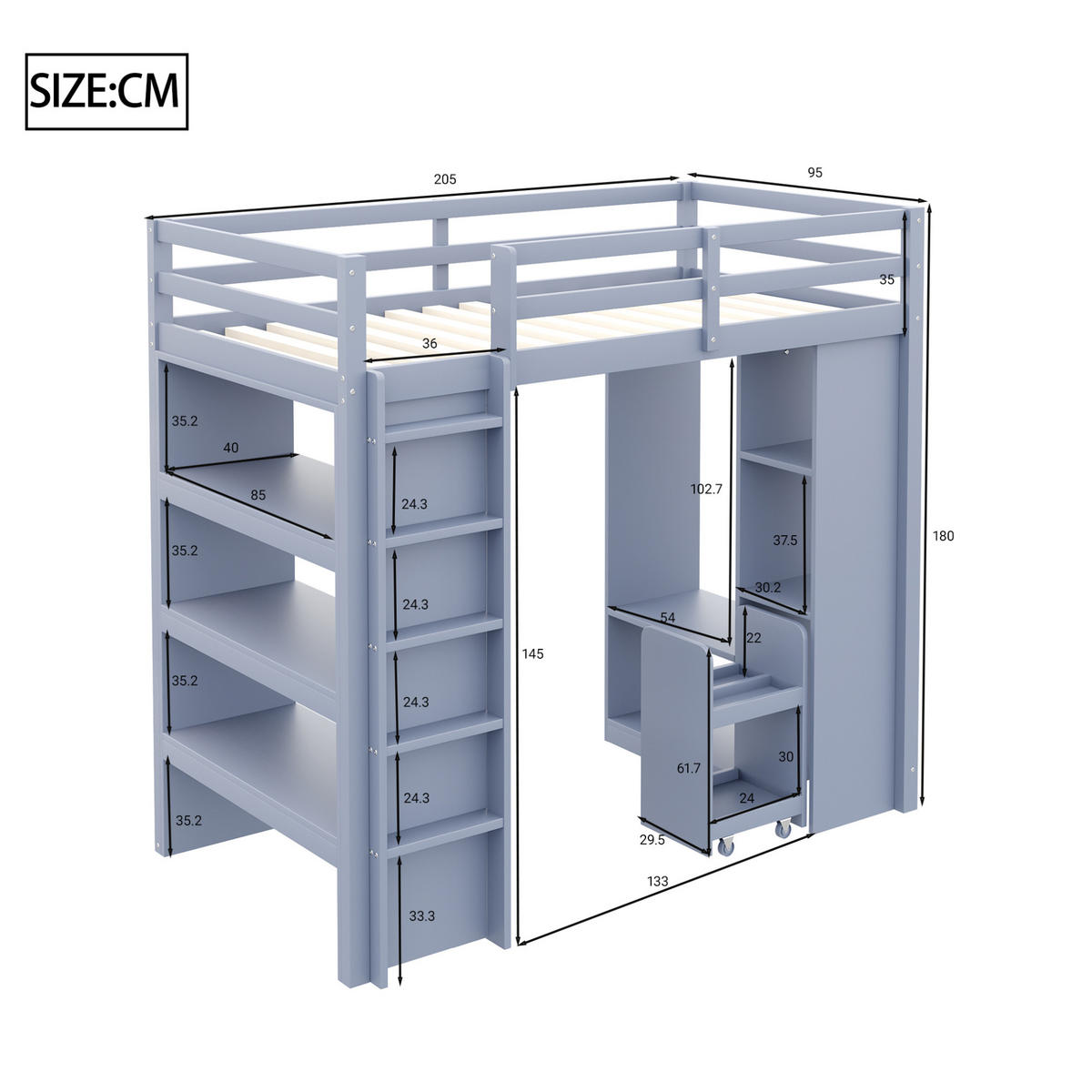 HOCHBETT 90/200 cm grau mit Stauraum und abnehmbarem Trolley mit Matratze - Grau, Holzwerkstoff (90/200cm) - OKWISH