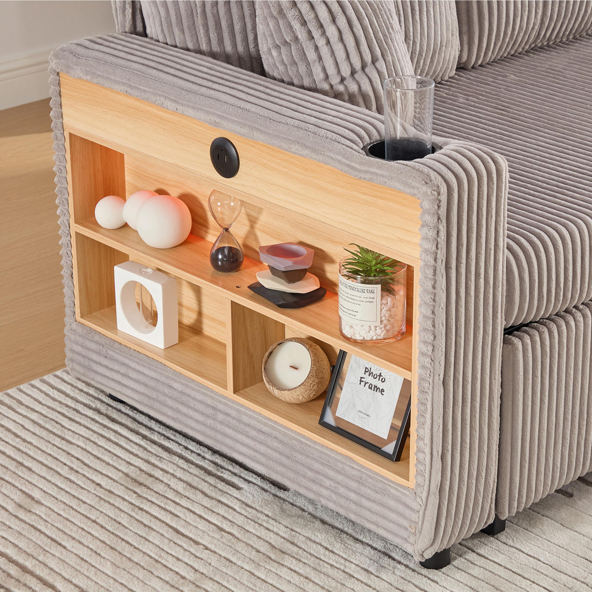SCHLAFSOFA Cord Hellgrau mit Schlaffunktion, Stauraum, LED und USB-C - Hellgrau, Holzwerkstoff/Textil (196/85/144cm) - WISHDOR