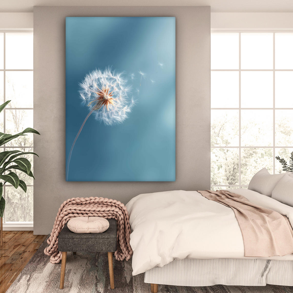 OBRAZ NA PLÁTNĚ Pampeliška - vítr - modrá 90x140 cm - šedohnědá, textil (90/140cm) - MuchoWow