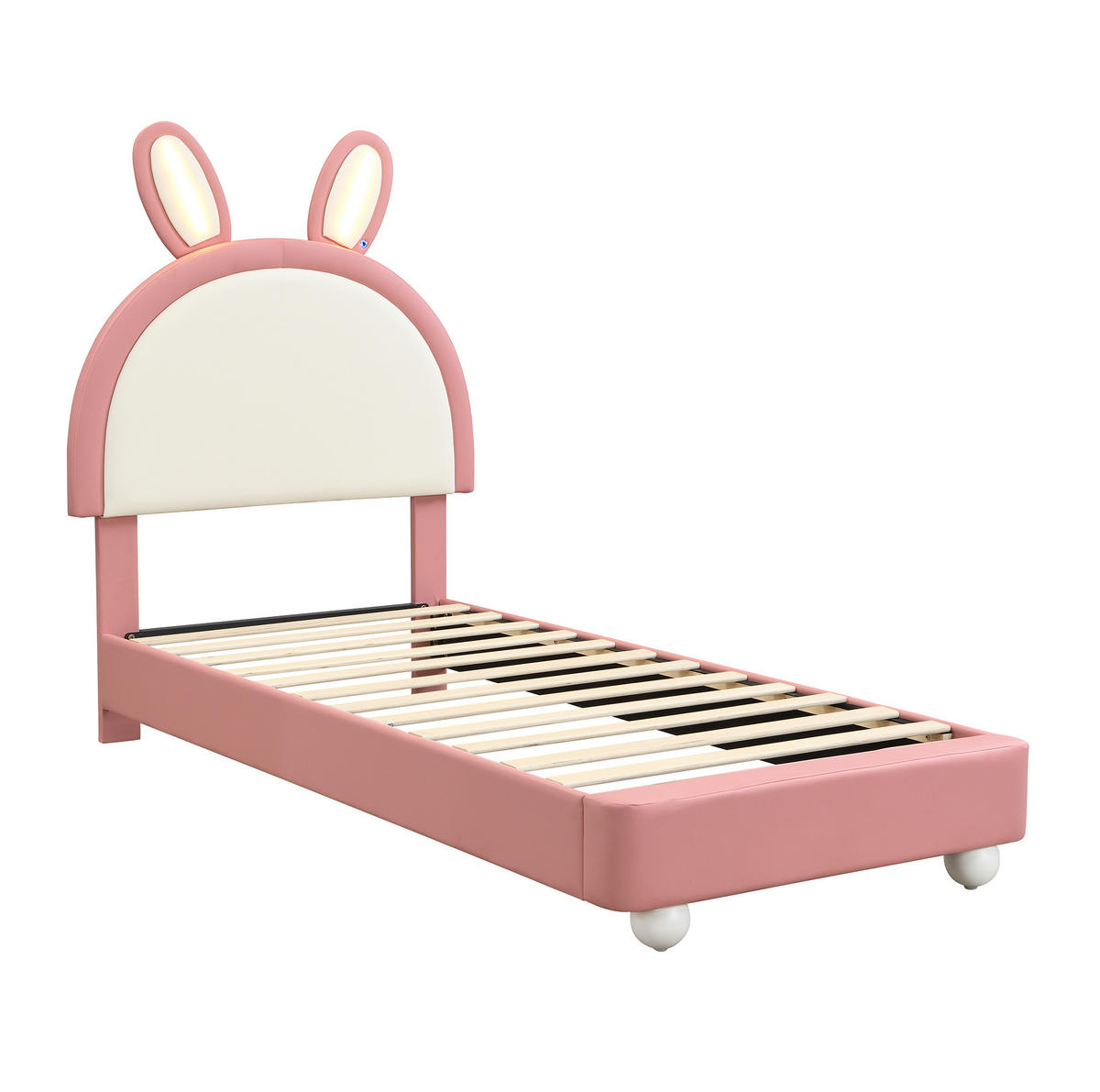 KINDERBETT Polsterbett 90/200 cm aus PU mit LED-Lichtleiste und Hasen-Kopfteil Rosa/Weiß - Weiß, Kunststoff (90/200cm) - Modenvie