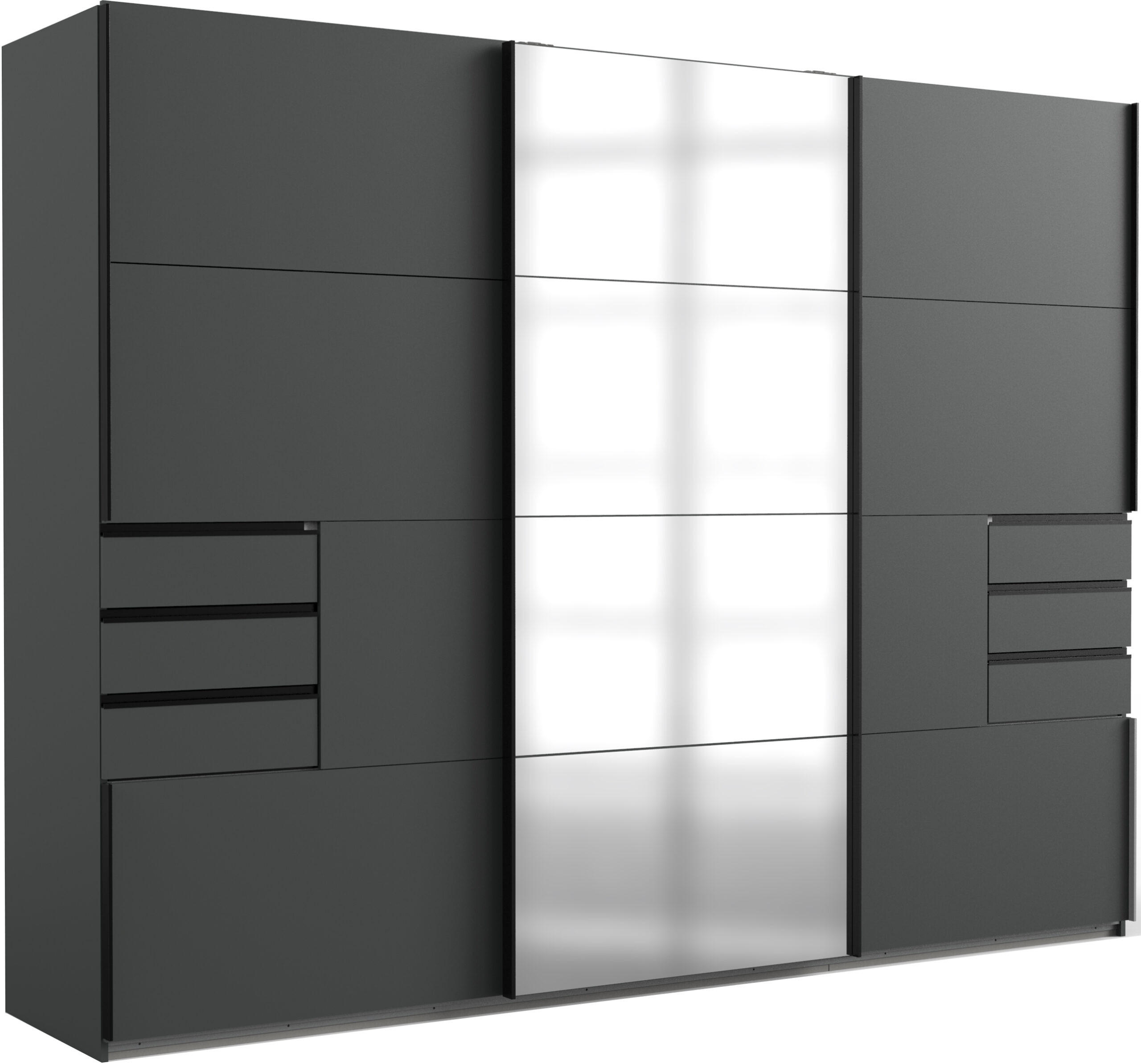 KLEIDERSCHRANK Saigon in Grafit und schwarzen Griffen mit einer Spiegel Türfront – Schwebetürenschrank 3 türig - 270 cm Breite - Grau, Holzwerkstoff (80/200/120cm)