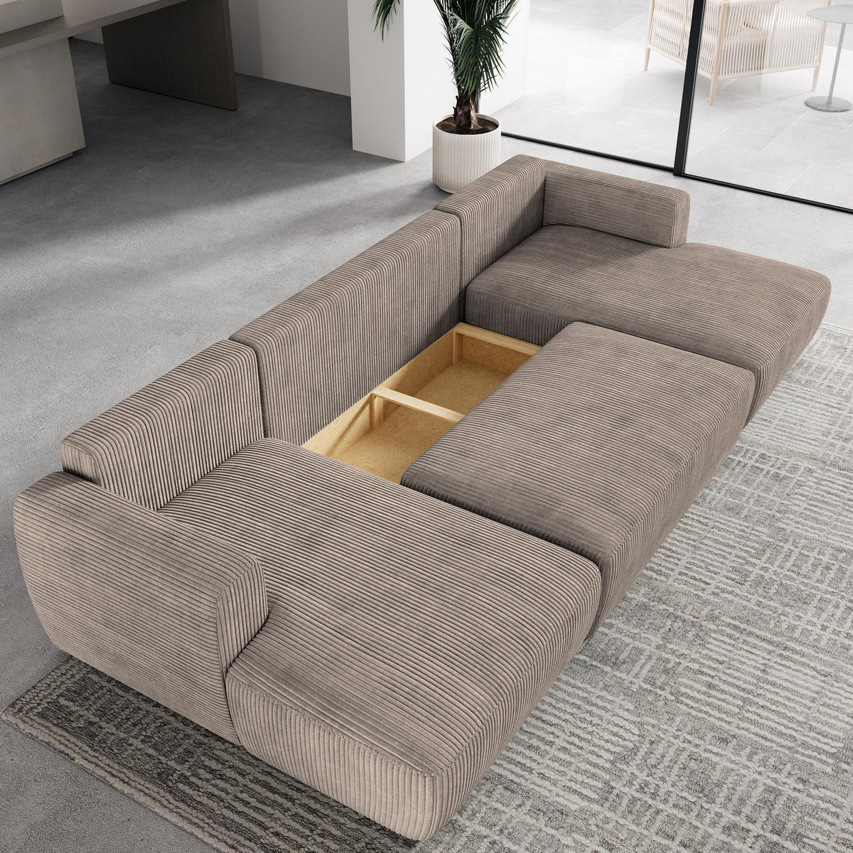 WOHNLANDSCHAFT SENTUM P Beige Kordstoff mit Schlaffunktion - Beige, Holz (330/90/148cm) - MASSENO