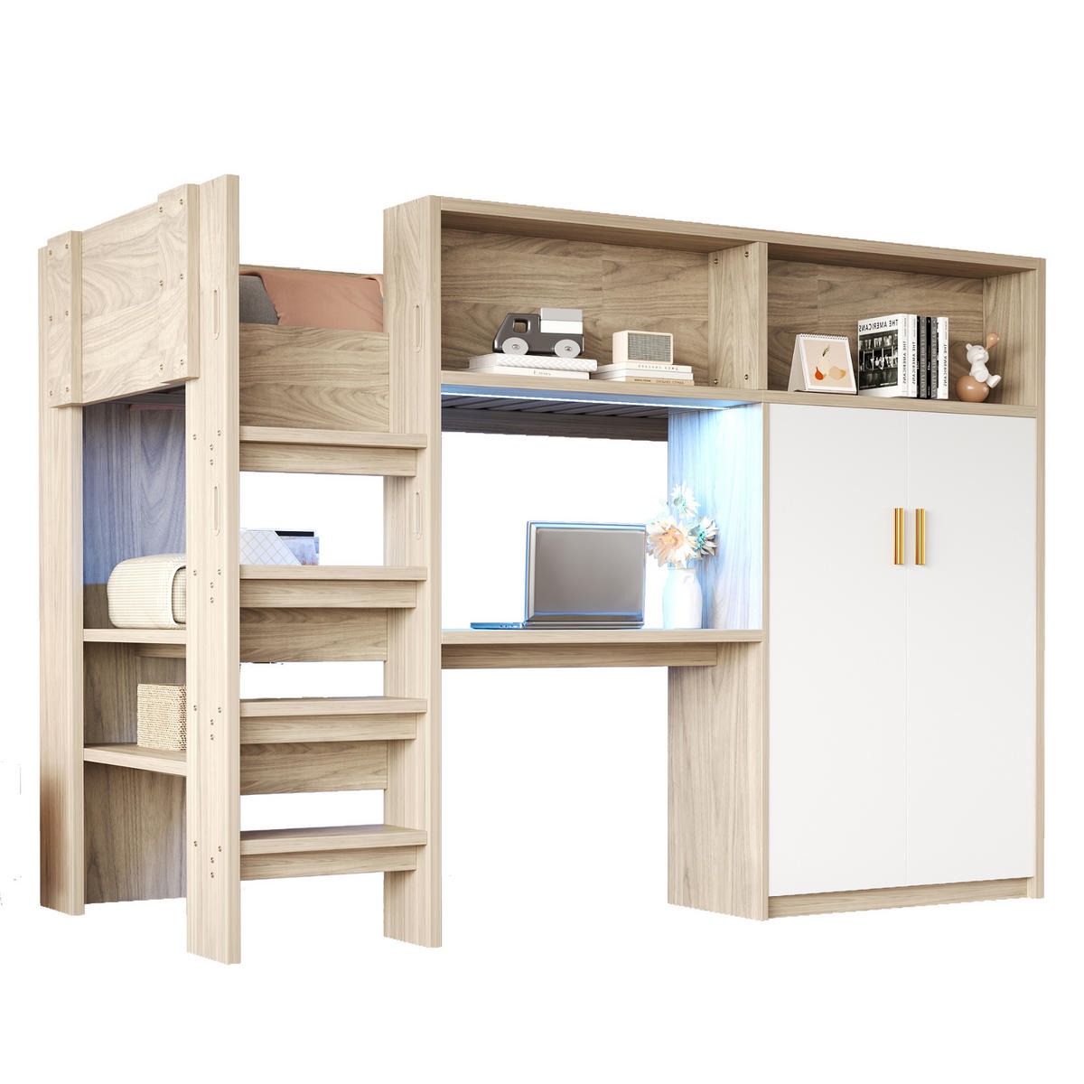 HOCHBETT 90x200 cm in Holzfarbe mit Schreibtisch, Kleiderschrank und LED-Beleuchtung - Naturfarben, Holzwerkstoff (90/200cm) - IVMEU
