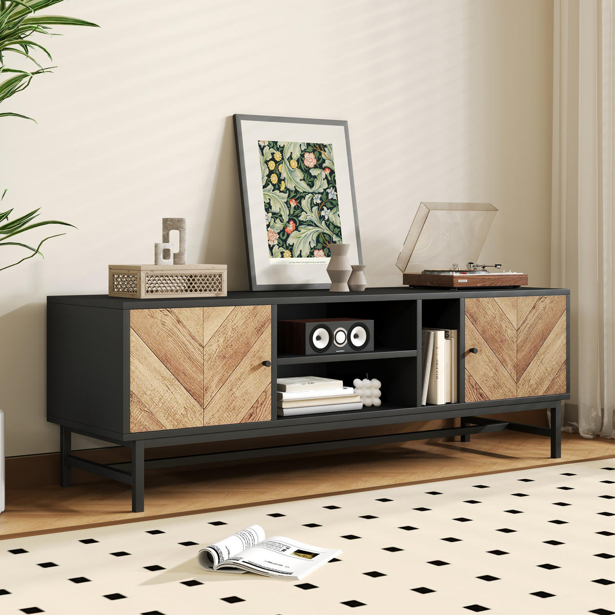 TV-SCHRANK 150/38/55 cm schwarz/natur aus Eisen und Spanplatte mit Stauraum - Hellbraun, Holzwerkstoff (150/55/38cm) - OKWISH