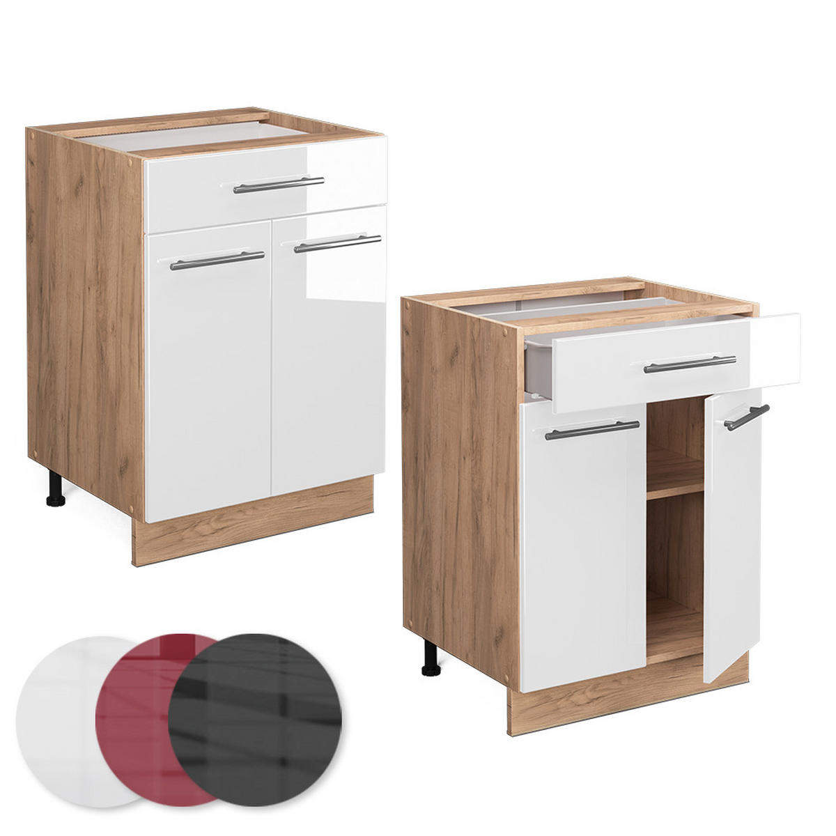 KÜCHENUNTERSCHRANK Fame-Line Weiß Hochglanz 60 cm mit Schublade ohne AP - Weiß Hochglanz/Eiche Wotan, Holzwerkstoff (60/82/51.6cm) - Vicco