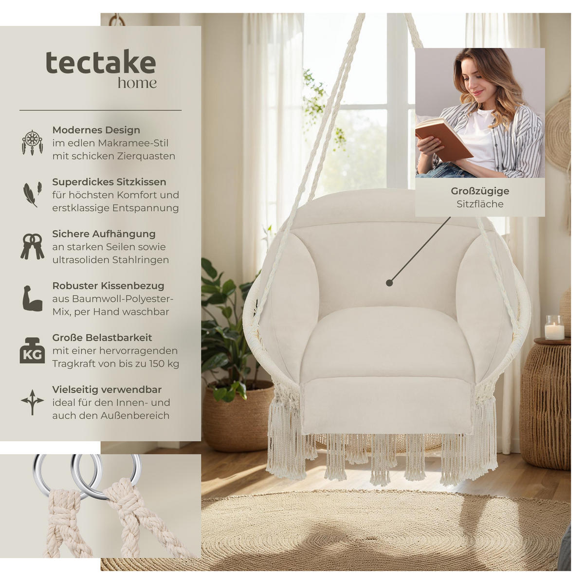 HÄNGESESSEL Samira,80 x 81 x 139 cm,beige - Beige, Kunststoff (80/139/81cm) - tectake