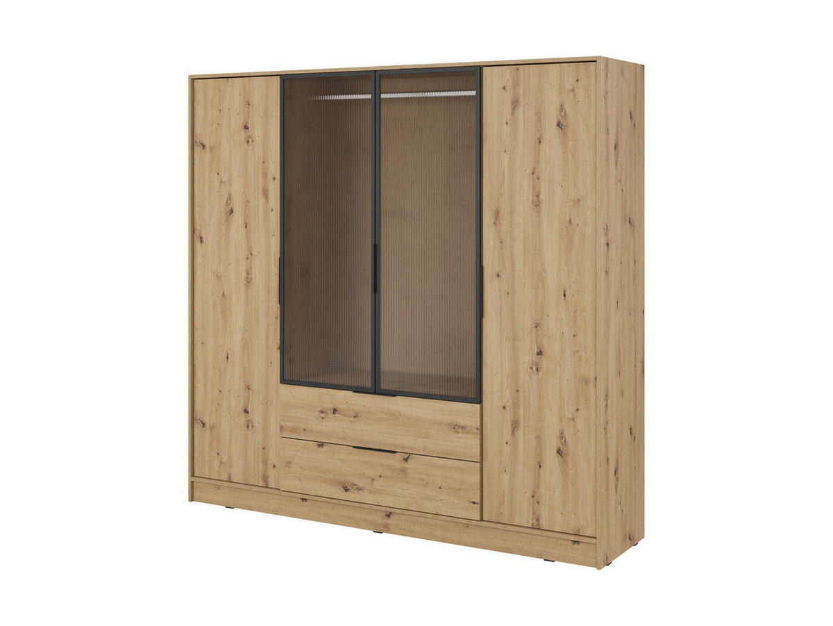 KLEIDERSCHRANK RICADI 4D RM (Artisan Eiche, Riffelglas, 4 Türen, 2 Schubladen, Kunststoffgriffe) - Schwarz/Eiche Artisan, Holz/Holzwerkstoff (206/200/51cm) - Ravio