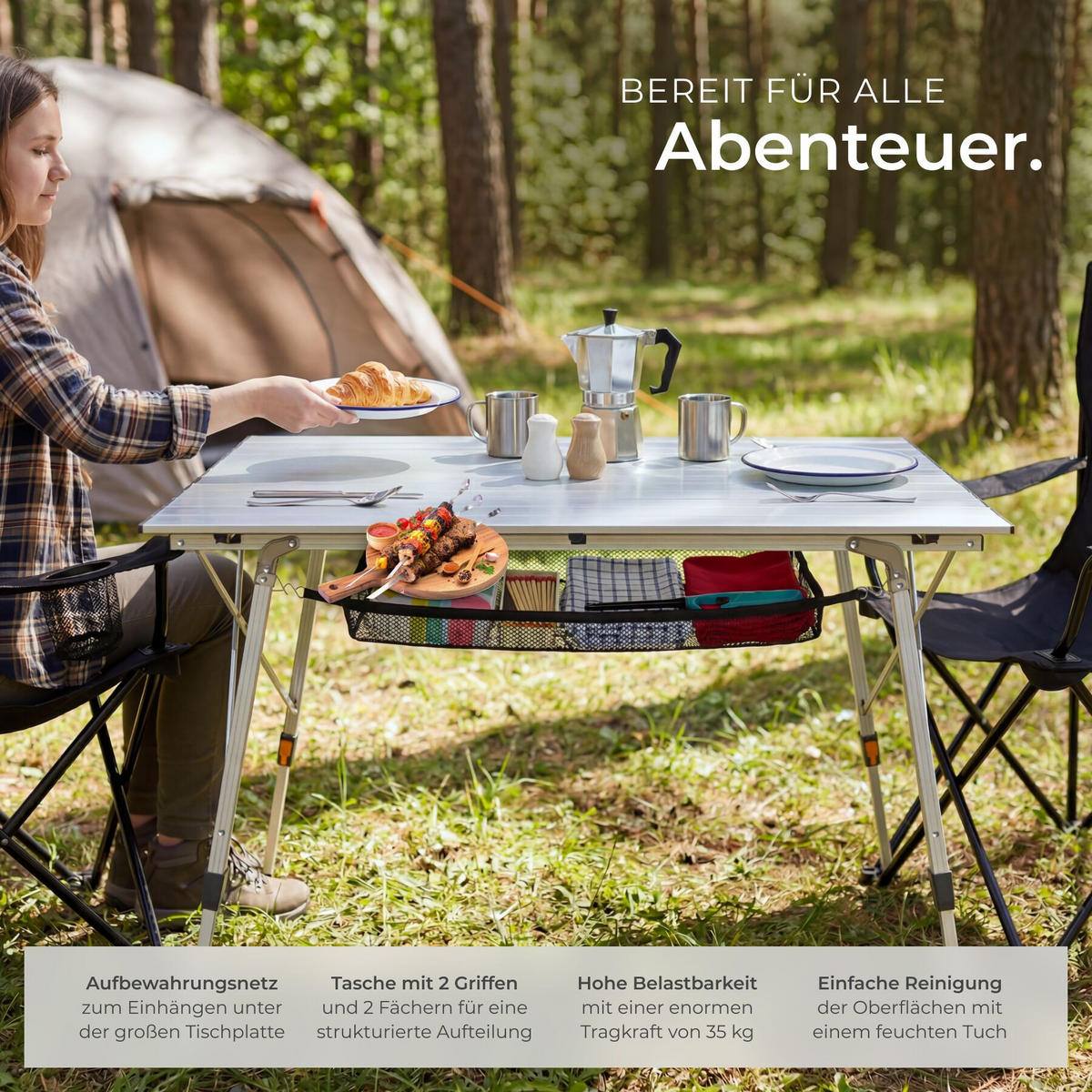 CAMPINGTISCH Tina,90 x 52 x 47 - 70 cm,silber - Silberfarben, Metall (90/52/70cm) - tectake