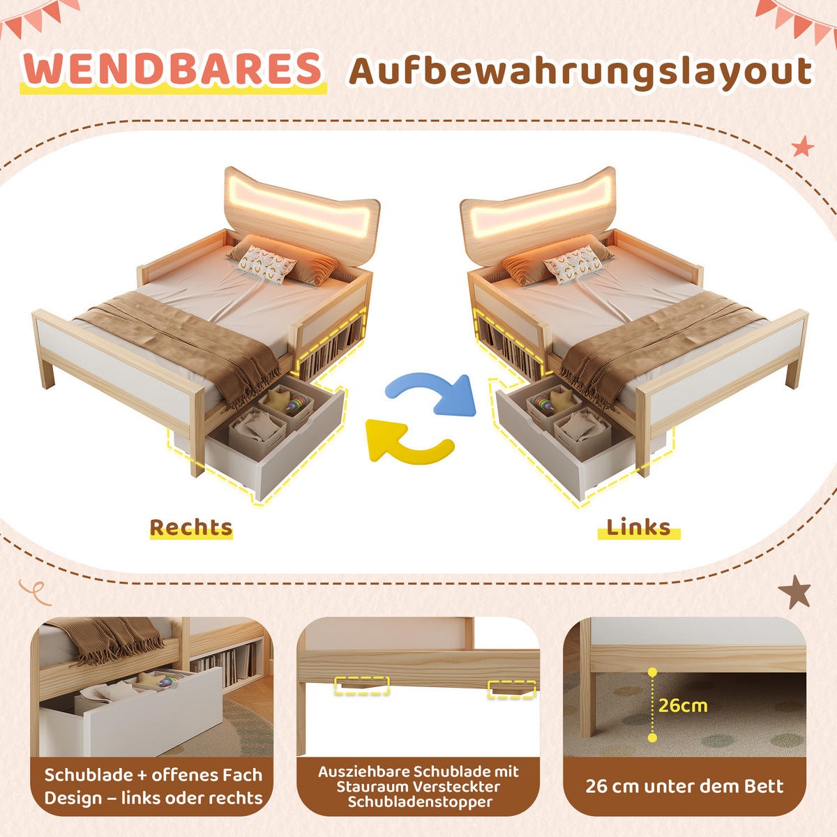 KINDERBETT 90/190 cm in Weiß & Eiche mit Schublade, Staufach und LED - Weiß, Holz/Holzwerkstoff (90/190cm) - WISHDOR