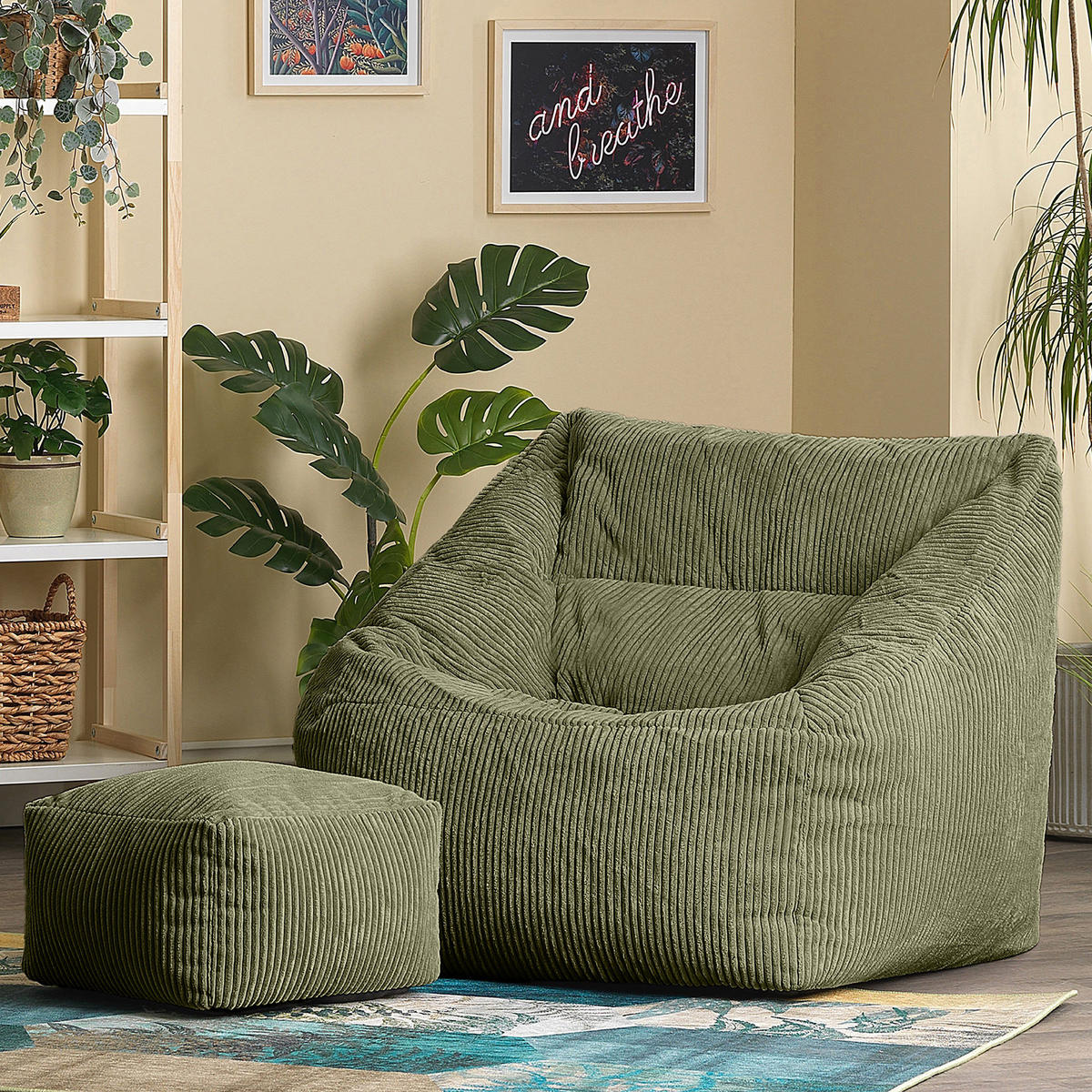 SITZSACK Cord Sessel Natalia mit Hocker - Salbeigrün, Textil (100/80/88cm) - icon