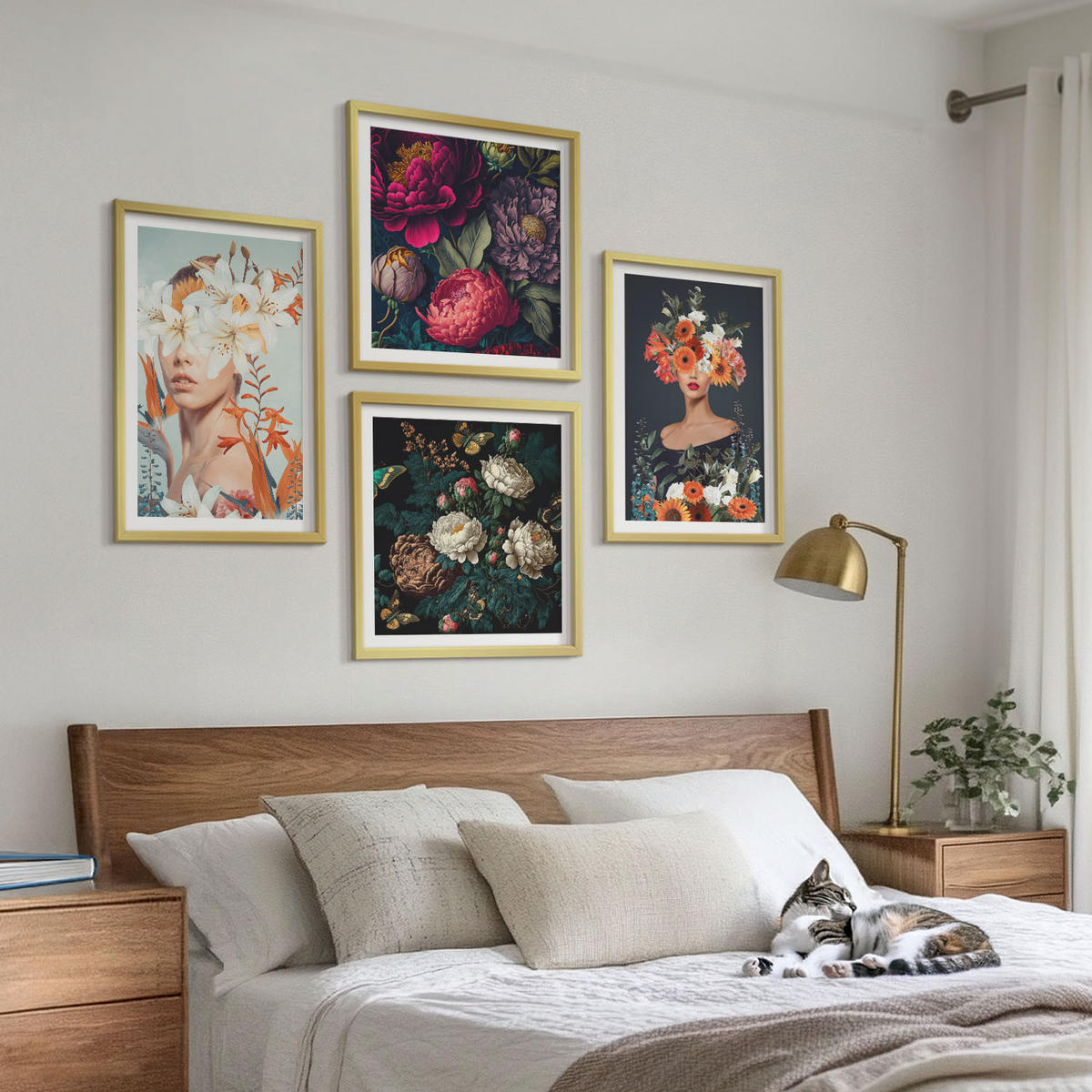 WANDBILDER 4er Set - 50x50 cm & 40x60 cm Goldrahmen - Blumenporträts, Sträuße, Blätter - Goldfarben, Kunststoff (50/50cm) - ArtPrintCave