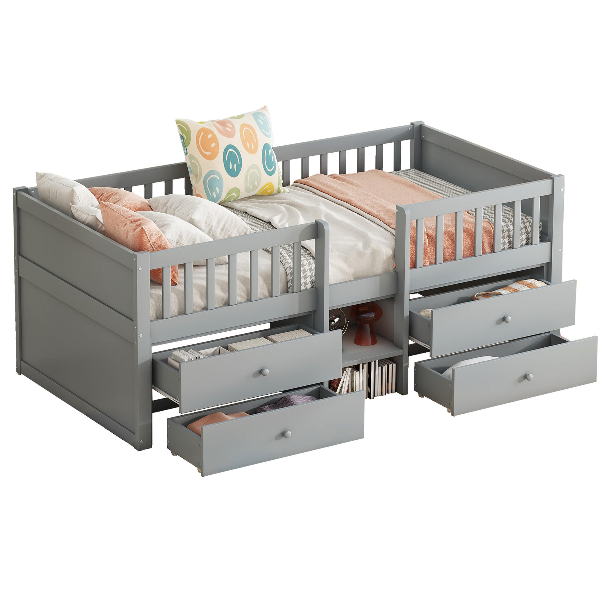 HALBHOHES BETT 90x200cm Grau Kiefer 4 Schubladen Geländer Leiter - Grau, Holz (90/200cm) - FLIEKS