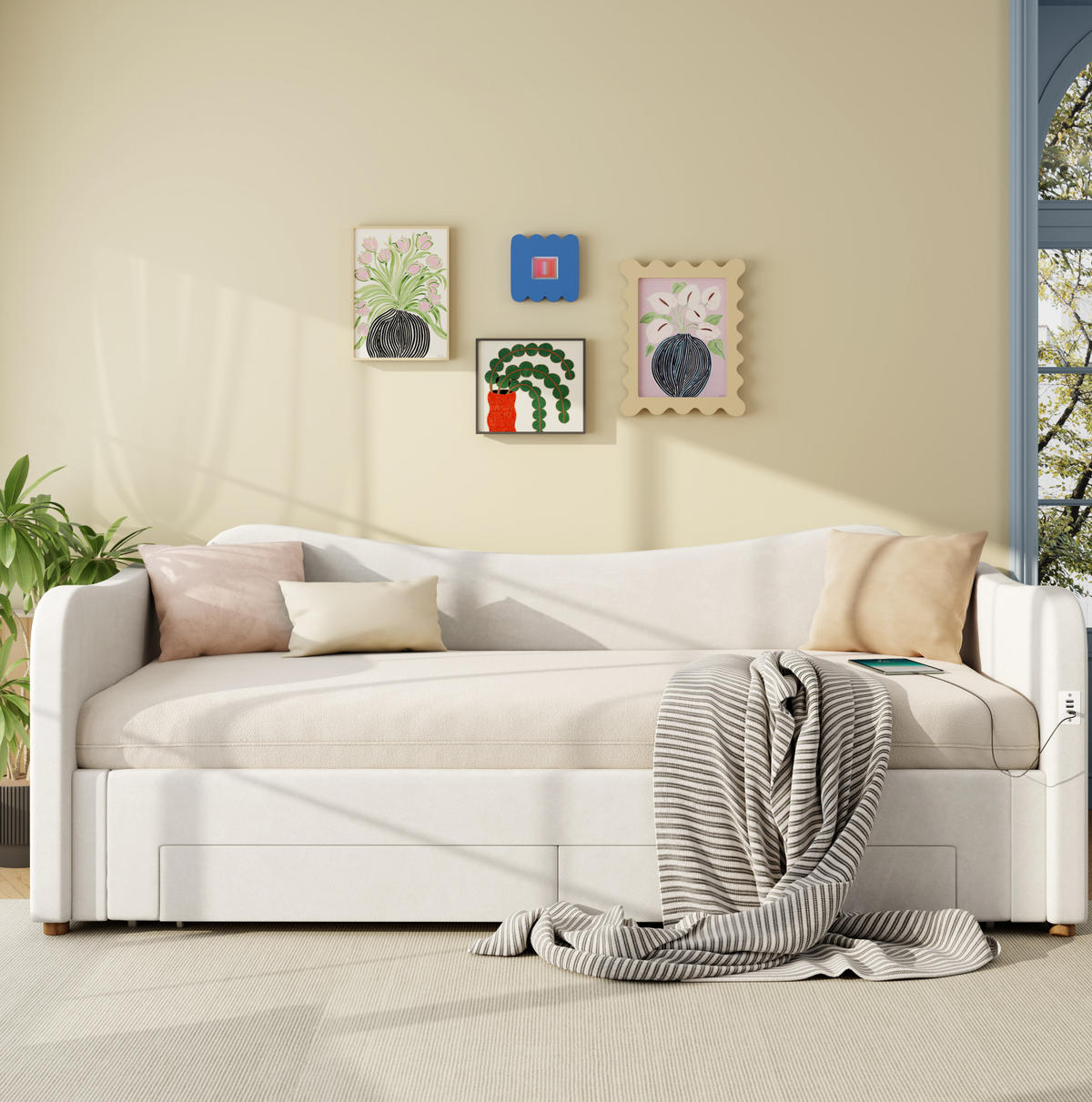POLSTERBETT 90x200/180x200 cm Beige aus Samt mit Ausziehfunktion und USB - Beige, Holzwerkstoff (90/200cm) - OKWISH