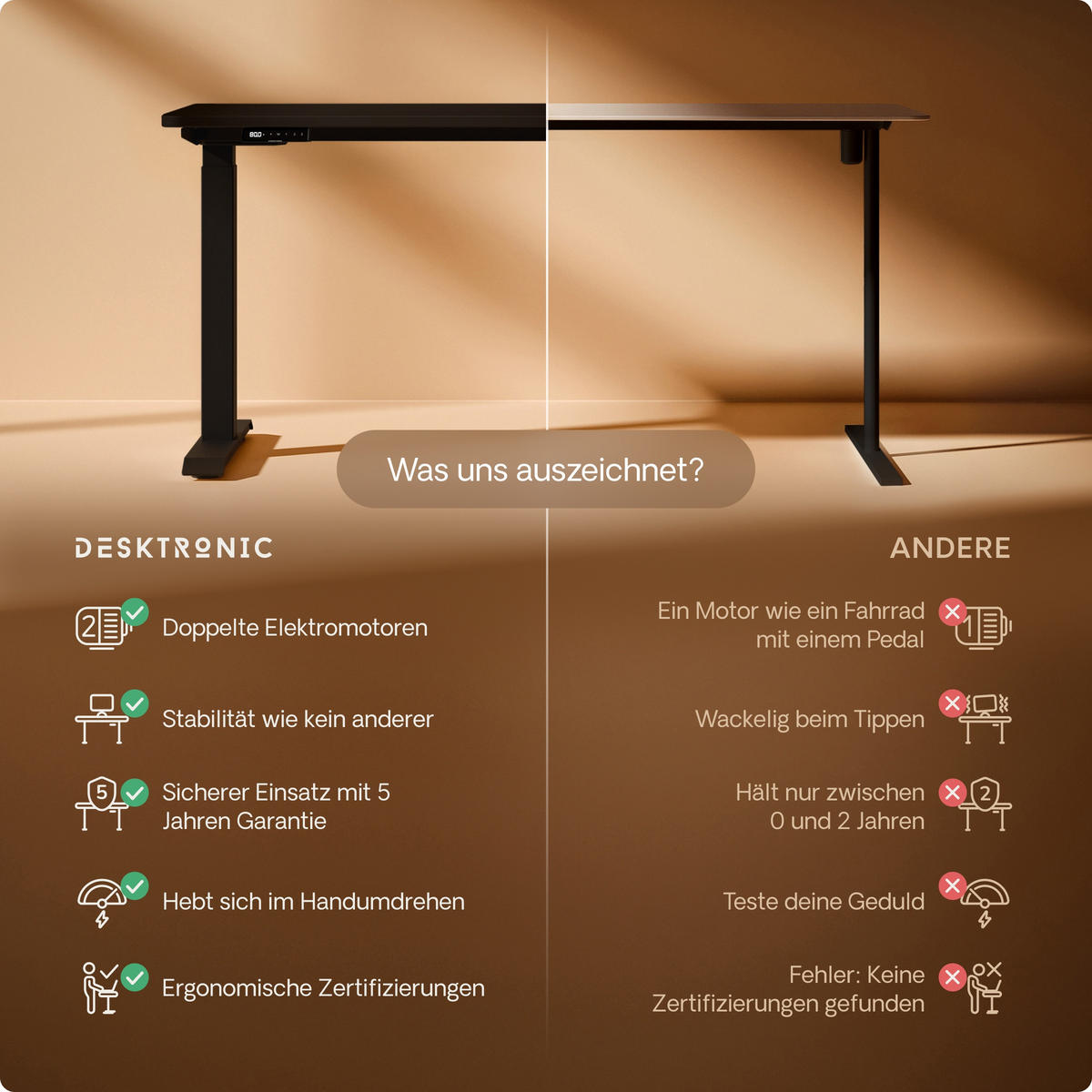 SCHREIBTISCH Elektrisch Höhenverstellbarer HomeOne 120x60cm Schwarz/Schwarz mit Memory-Funktion, Anti-Kollisions Technologie - Schwarz, Holzwerkstoff (60/120/72cm) - Desktronic