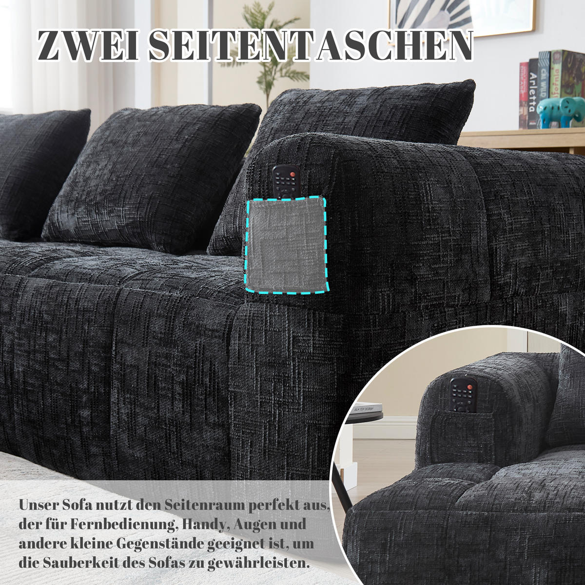 4-SITZER ECKSOFA Chenille Schwarz mit Seitentaschen und mit Kissen - Schwarz, Textil (250/158cm) - WISHDOR