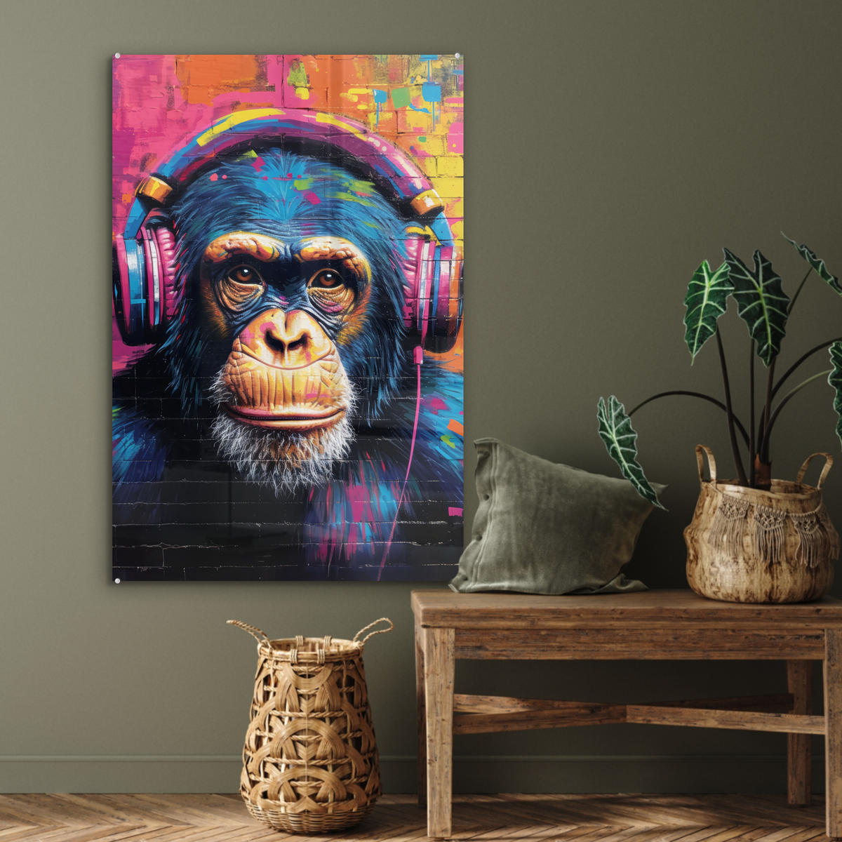 ACRYLGLASBILD Graffiti - Schimpanse - Straßenkunst - Kopfhörer - Affe 60x90 cm - Blau, Glas (60/90cm) - MuchoWow