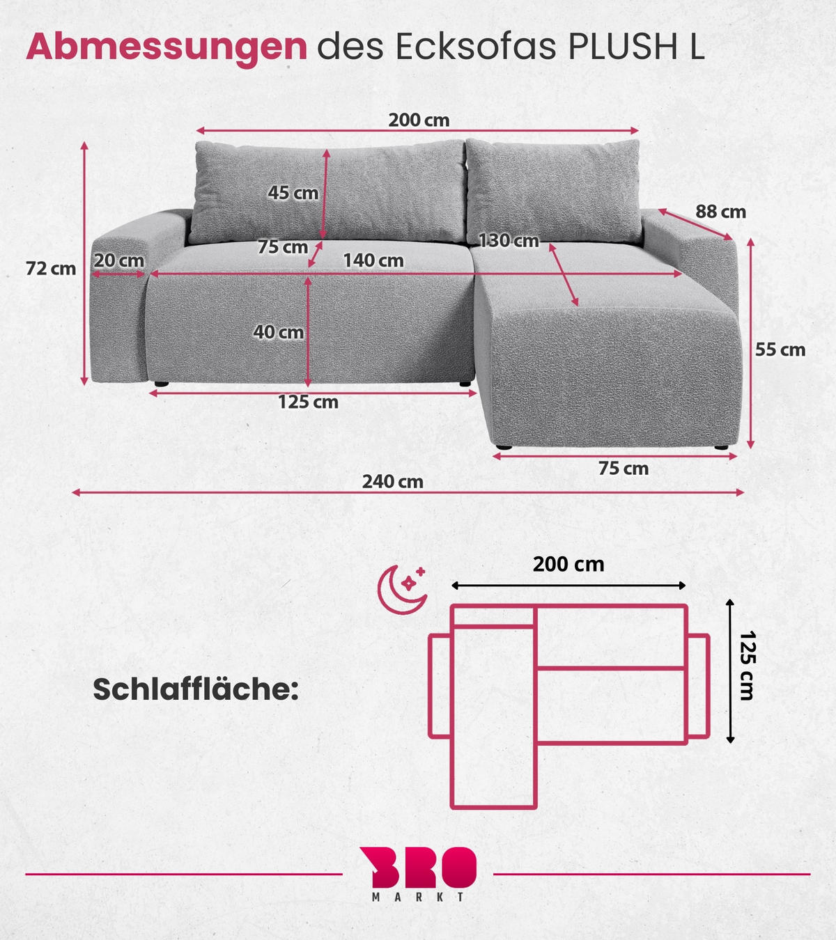 ECKSOFA PLUSH mit Schlaffunktion Grau Boucle - Hellgrau, Textil (240/145cm) - Bromarkt