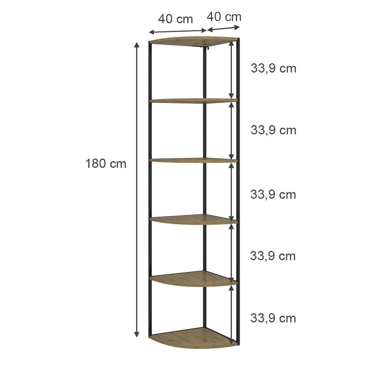WANDREGAL Fyrk Eiche 40 x 180 cm 5 Ebenen - Eichefarben/Schwarz, Holzwerkstoff (40/180/40cm) - Vicco