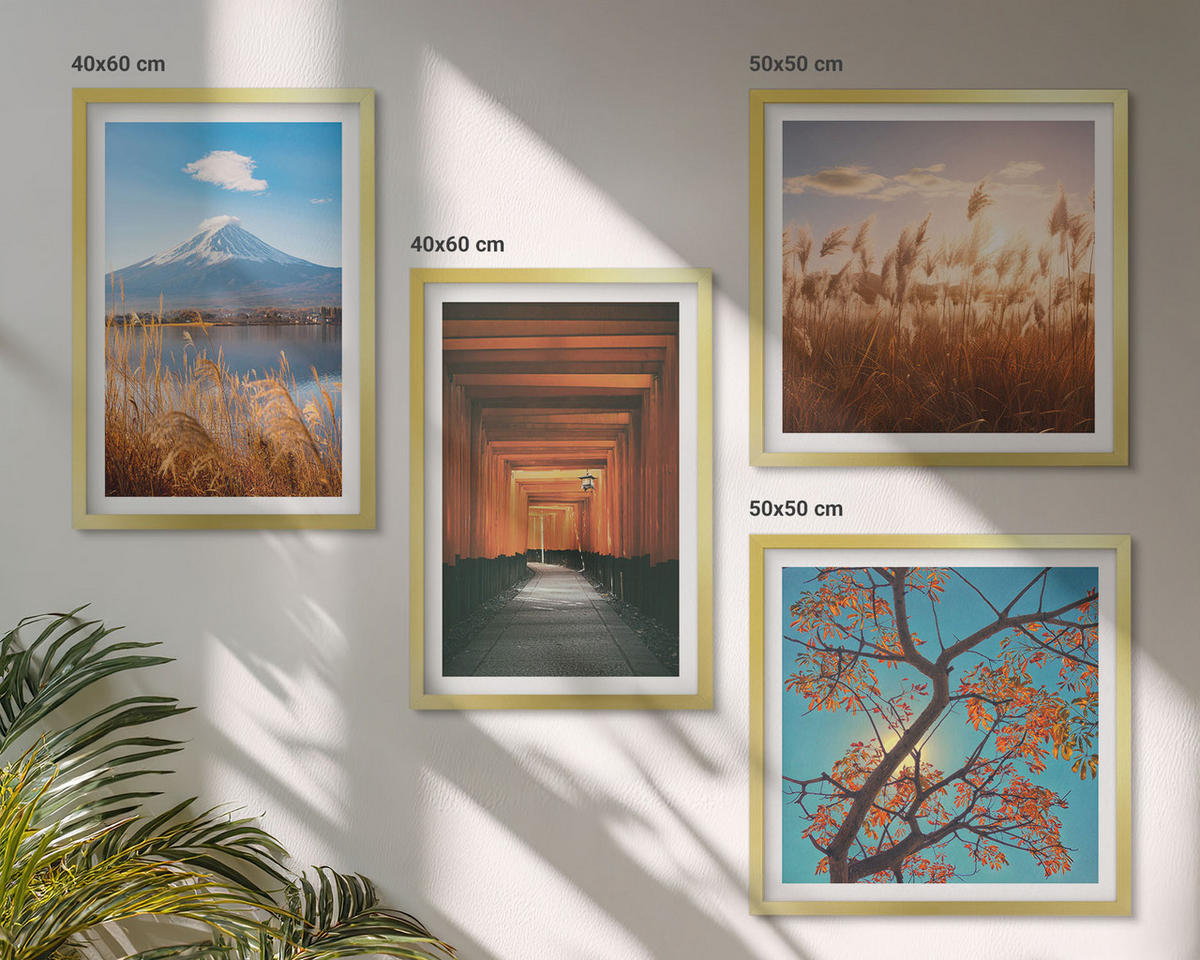 BILDER SET 4er Set - 50x50 cm & 40x60 cm Goldrahmen - Japanische Naturlandschaften - Goldfarben, Kunststoff (50/50cm) - TULUP