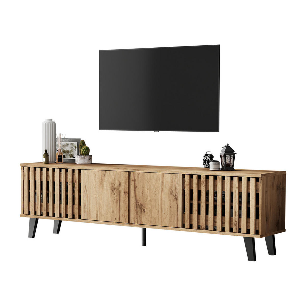 TV-SCHRANK 180x40cm Lowboard Naturholz 8 Fächer bis 70 Zoll - Braun, Holz (45.72/14.94/108.28cm) - FLIEKS