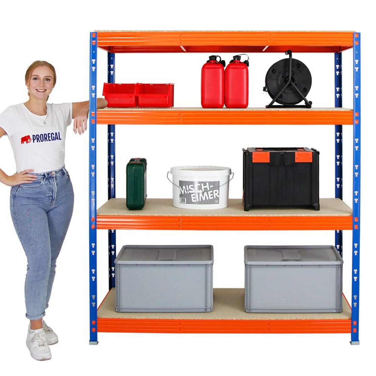 SCHWERLASTREGAL Rhino 2er-Set mit 2x 180x160x60 cm 4 Spanplatten-Ebenen 16mm Fachlast 500 kg Blau-Orange - Orange, Metall (320/180/60cm) - PROREGAL