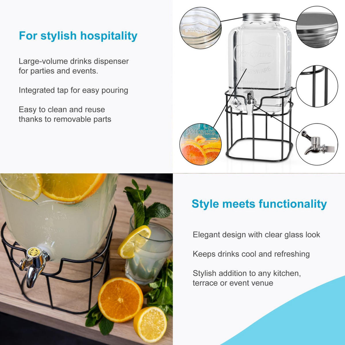 GETRÄNKESPENDER 4 Liter mit Zapfhahn und Gestell - Transparent, Glas (4L) - Intirilife