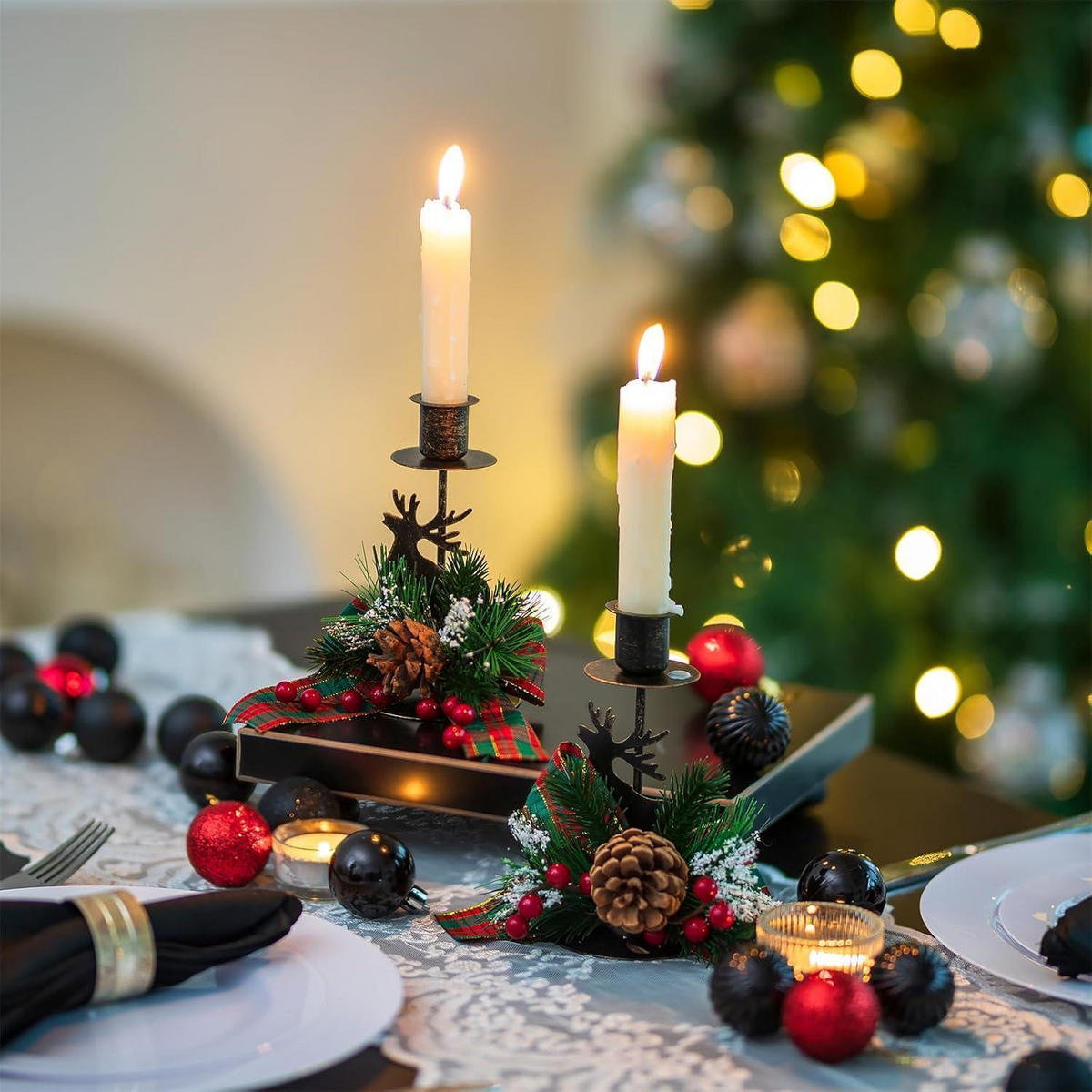 KERZENSTÄNDER 2-teiliges Set Hirsch Geweih Schwarz 15 cm - Schwarz, Metall (8/15/8cm)