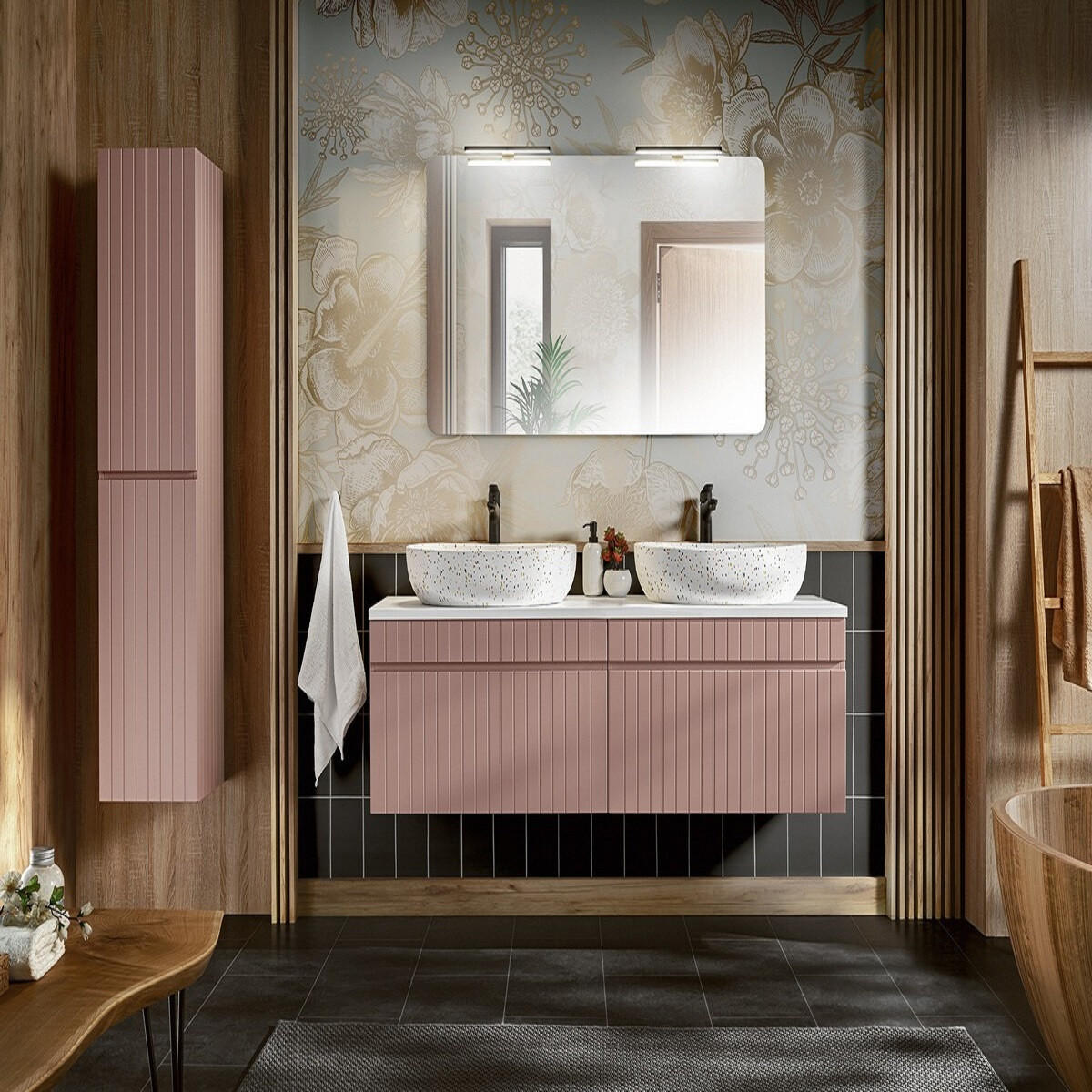 BADMÖBEL-SET 9 Teile - Iconic Rose I BM42 in Antique Rose / Weiß - Rosa/Weiß, Holz (160/160/46cm)