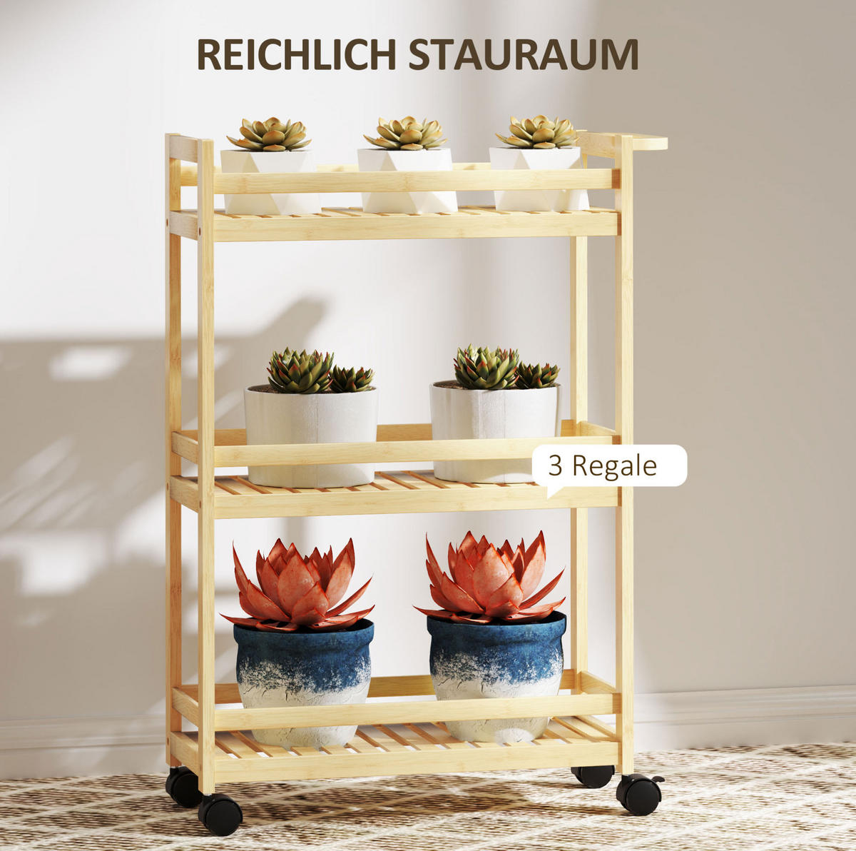 SERVIERWAGEN 55/20/75 cm aus Bambus mit 3 Ablagen und Rollen - Hellbraun, Naturmaterialien (55/75/20cm) - Flora Grace