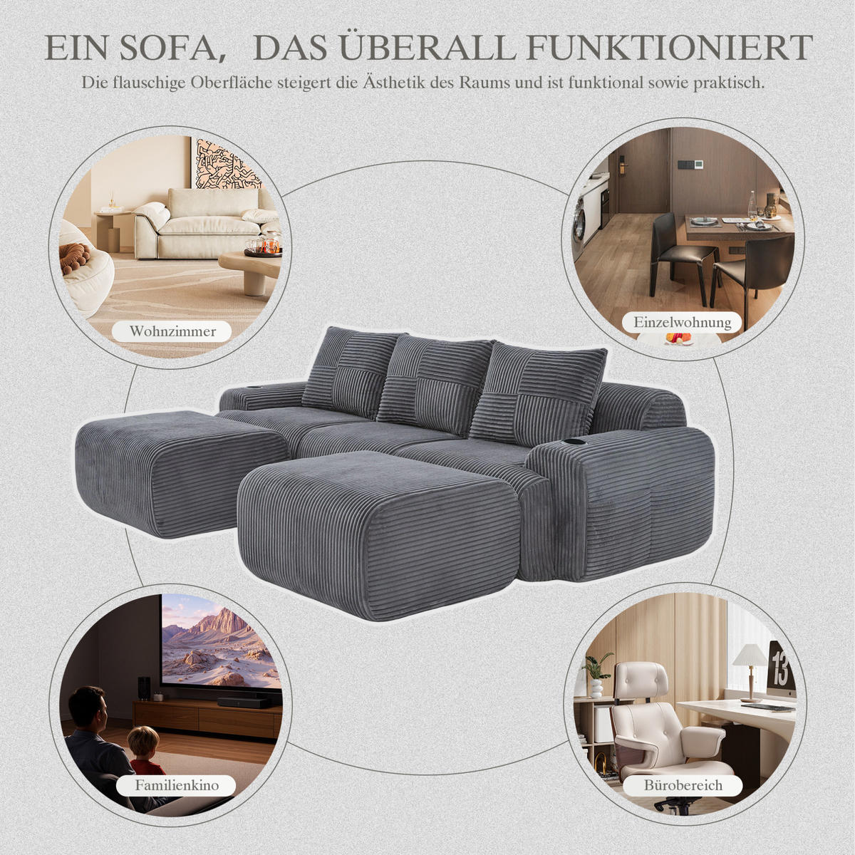 3-SITZER Wohnlandschaft Cord mit Getränkehalter und Seitentasche 268/174/80 cm Dunkelgrau - Dunkelgrau, Textil (174/80/268cm) - Redom
