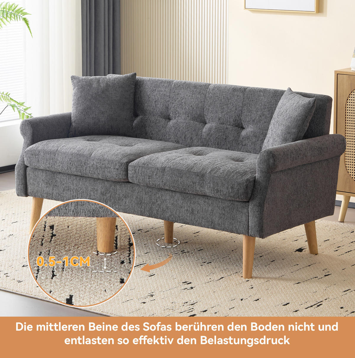 2-SITZER Sofa Chenille mit 15 cm Sitzkissen und Massivholzbeinen 162/74/77 cm Grau - Grau, Textil (77/162/74cm) - Redom