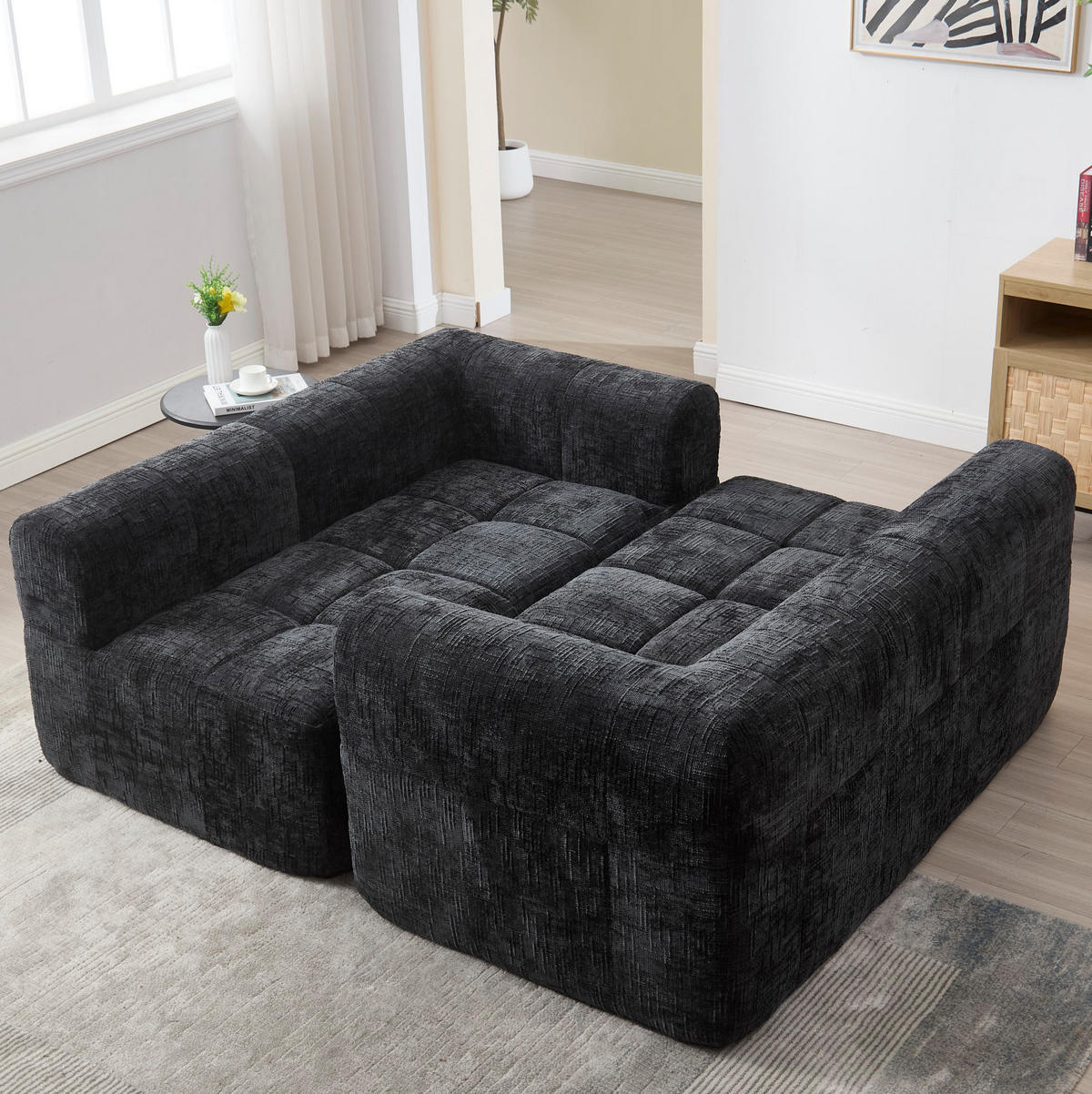 SOFA mit Seitentaschen ca. 158 x 90 cm Chenille Schwarz - Schwarz, Kunststoff (158/60/90cm) - Meubliv