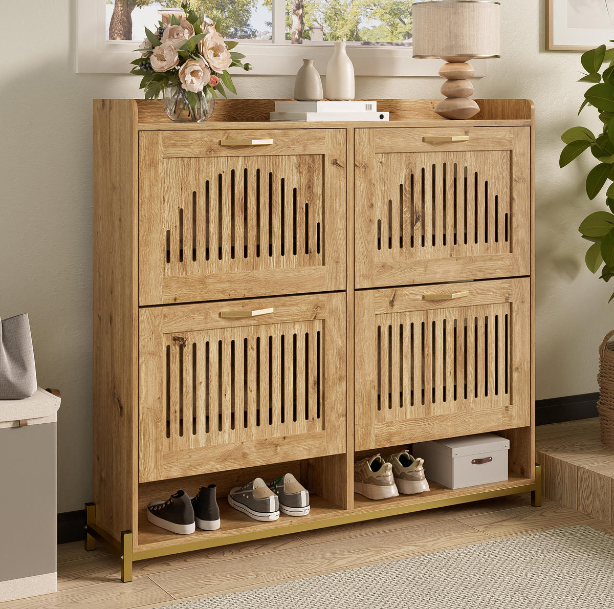 SCHUHSCHRANK aus MDF 108,5x24x100cm in Naturfarben mit 4 Türen - Naturfarben, Holzwerkstoff (108.5/100/24cm) - Modfu