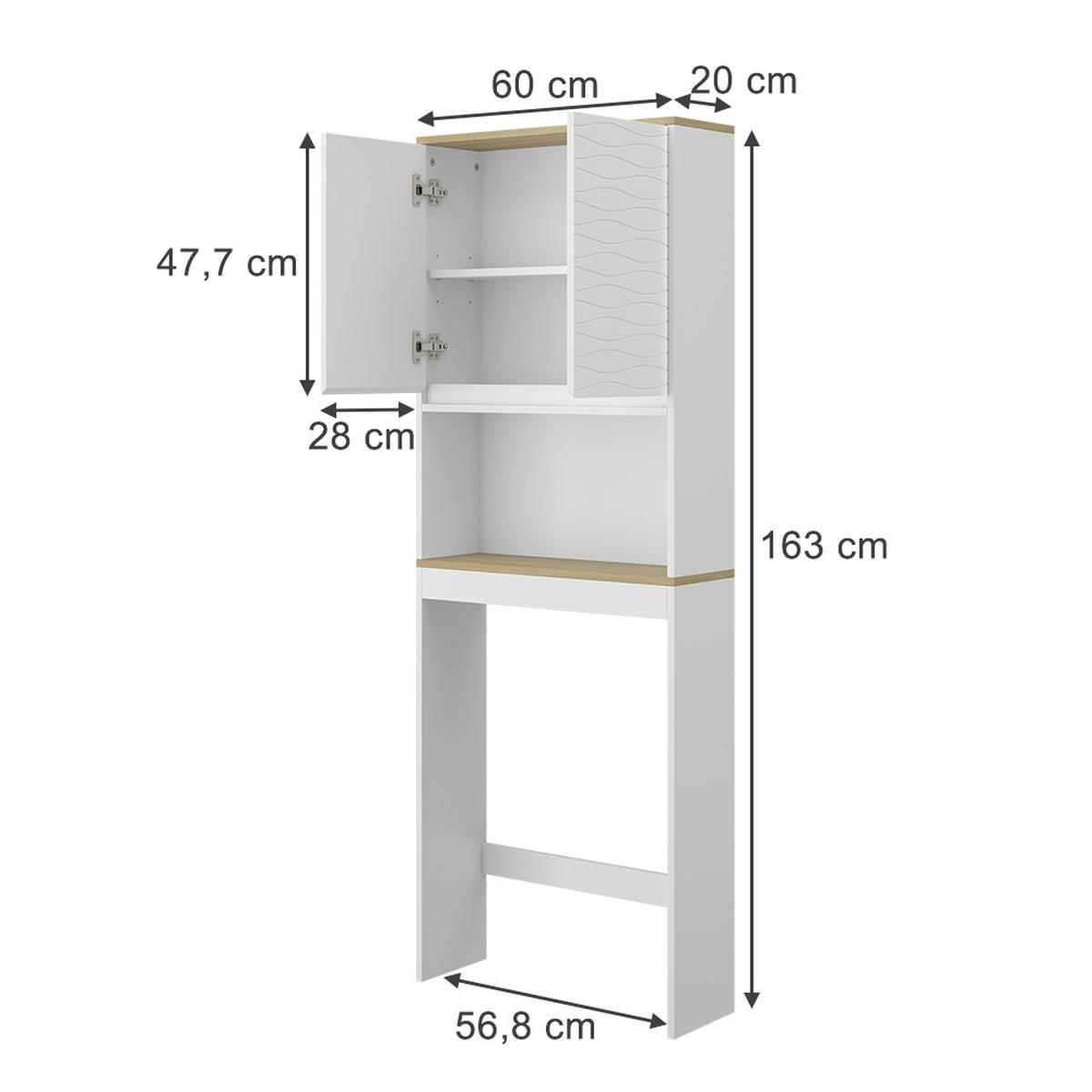 TOILETTENSCHRANK Livia Weiß 60 x 163 cm - Weiß/Naturfarben, Holzwerkstoff (60/163/20cm) - Vicco