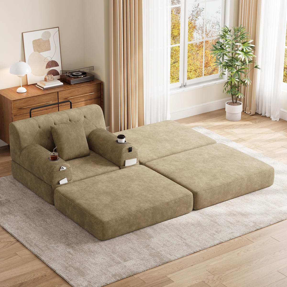 SCHLAFSOFA mit Hocker und Liegefunktion aus Cord Khaki - Taupe, Textil (191/60/162cm) - EVRYAE