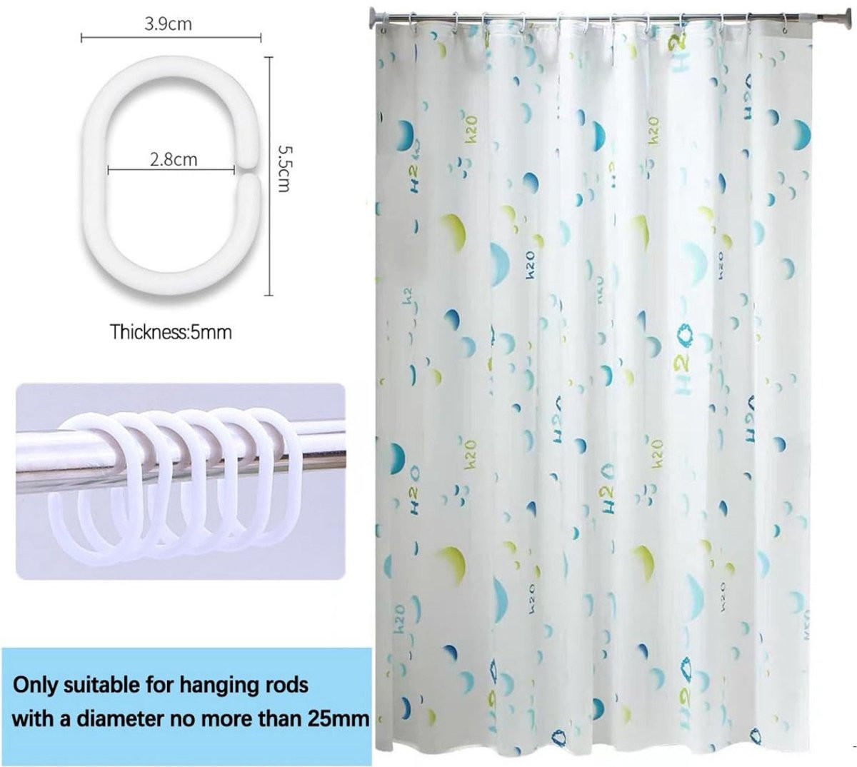 SHOWER CURTAIN 200 x 220 cm schnell trocknend wasserdicht mit 12 Ringen für Bad - Weiß, Kunststoff (200/200cm)