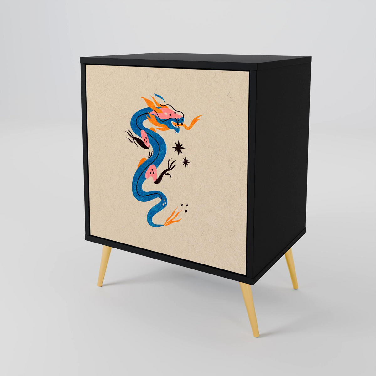 SIDEBOARD MYTHOLOGICAL CREATURES, Schwarz, 57,5x42x70,5 cm, Schwarze Metall-Sternfüße - Multicolor/Schwarz, Holzwerkstoff/Metall (57.5/70.5/42cm) - SpaceRebels