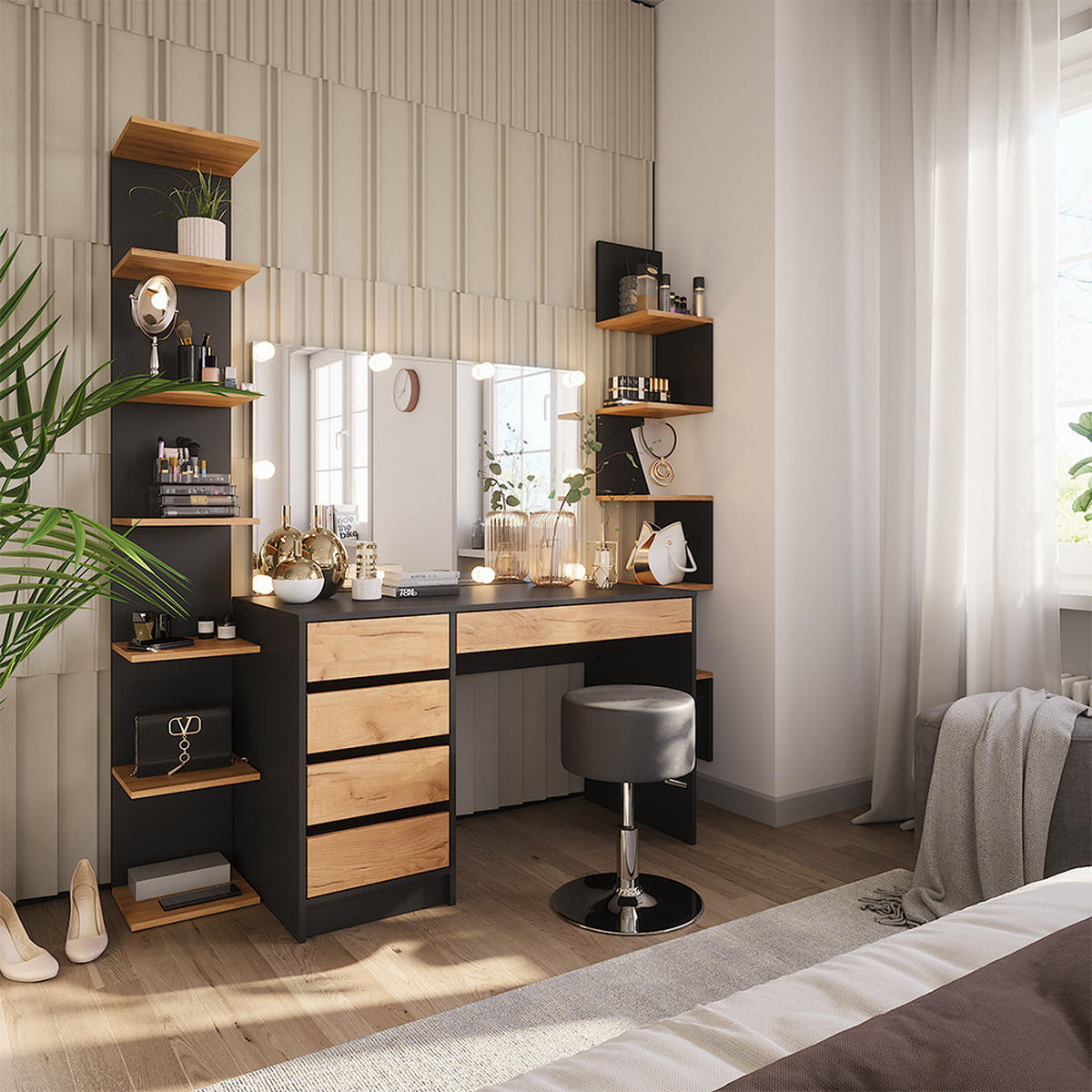 SCHMINKTISCH Sherry Anthrazit/Goldkraft Eiche 120 x 75 cm mit LED-Beleuchtung und Hocker - Honigeiche/Anthrazit, Holzwerkstoff (120/75/55cm) - Vicco