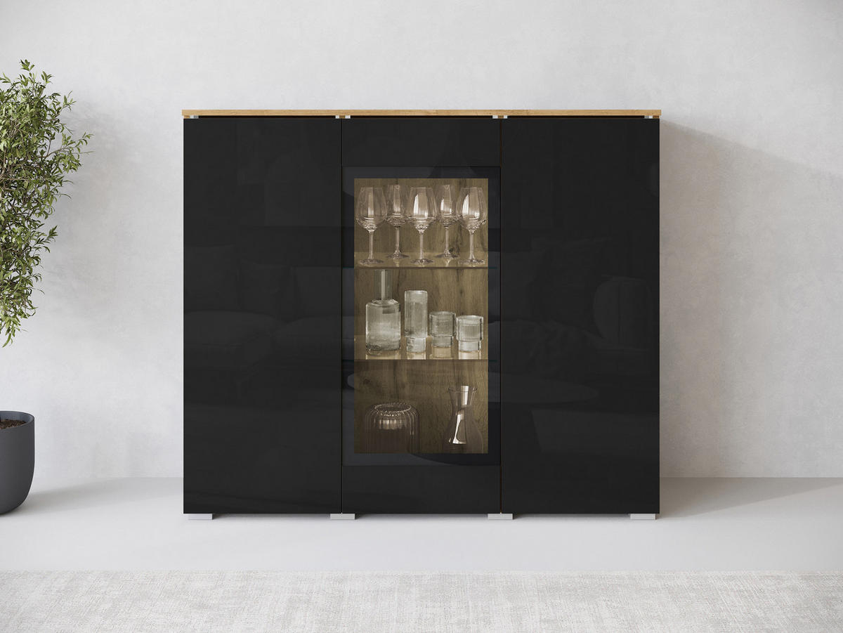 KOMMODE Vera 120 - Schwarz Hochglanz/Silberfarben, Holzwerkstoff/Kunststoff (120/104/40cm) - MIRJAN24