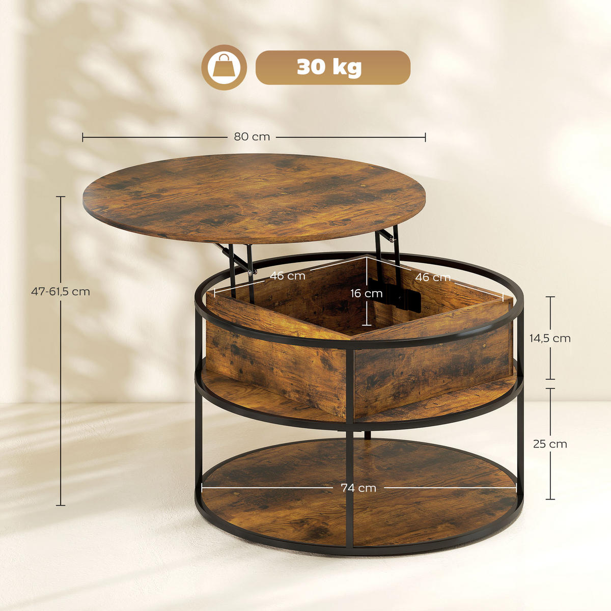 COUCHTISCH Höhenverstellbarer mit Ablagefläche, Braun - Braun, Metall (80/80/61.5cm) - HOMCOM